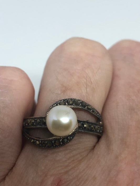 Vintage Genuine Pearl Marcasite 925 Sterling Silver Ring