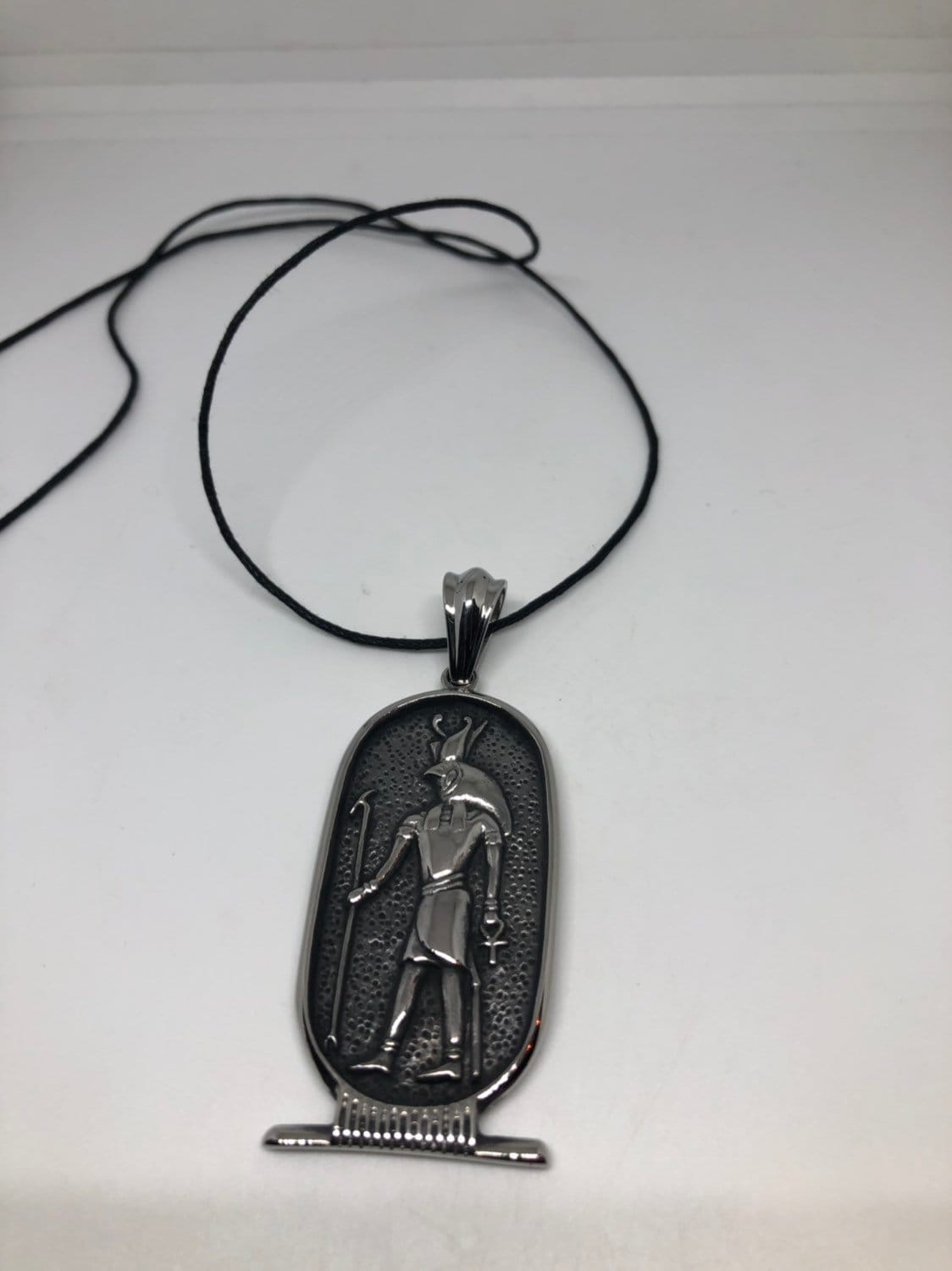 Vintage Handmade Silver Stainless Steel Gothic Egyptian God Horus Pendant Necklace