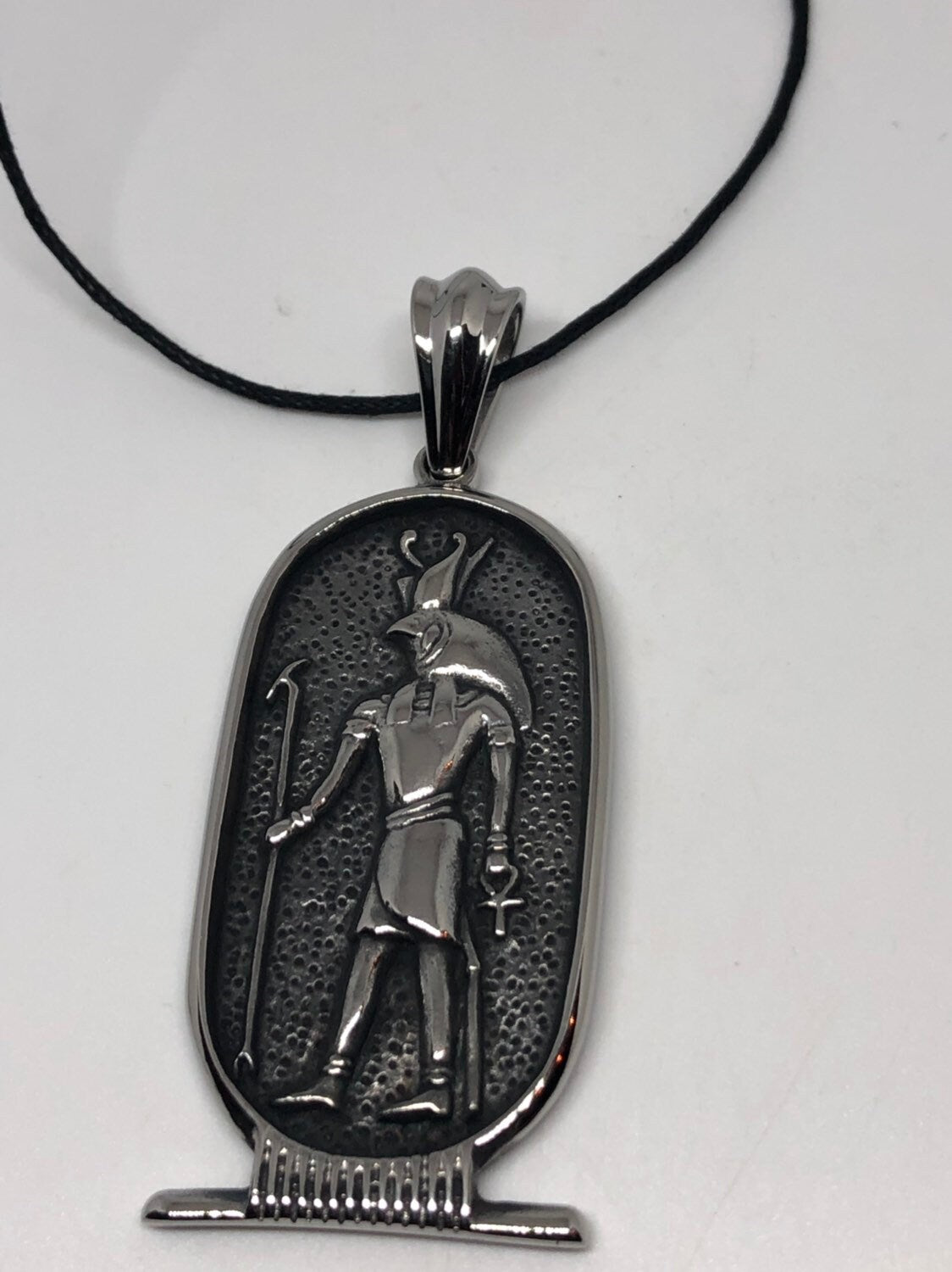 Vintage Handmade Silver Stainless Steel Gothic Egyptian God Horus Pendant Necklace