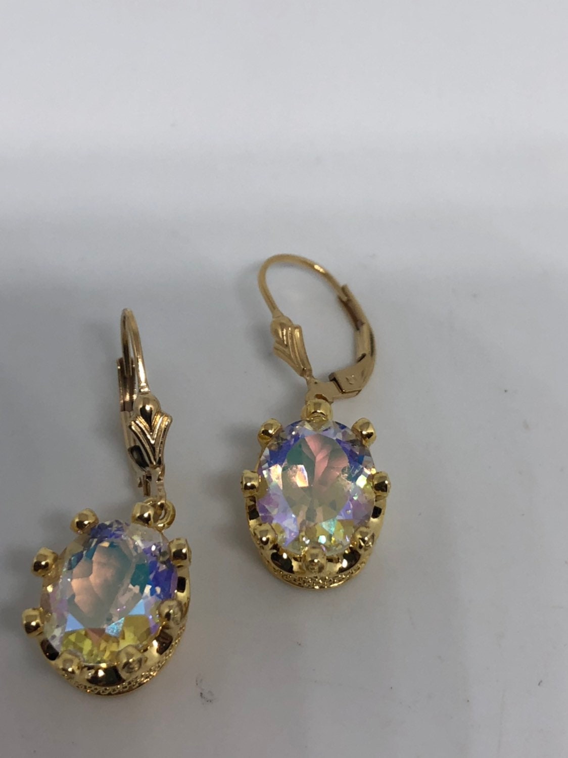 Vintage Opal White Mystic Topaz Earrings Golden Sterling Silver