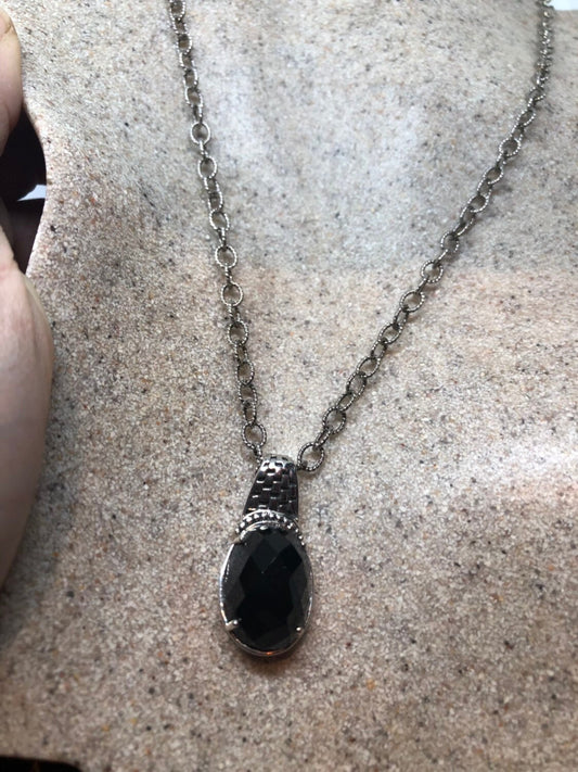 Vintage 925 Sterling Silver Genuine Black Onyx Dangle Pendant Necklace