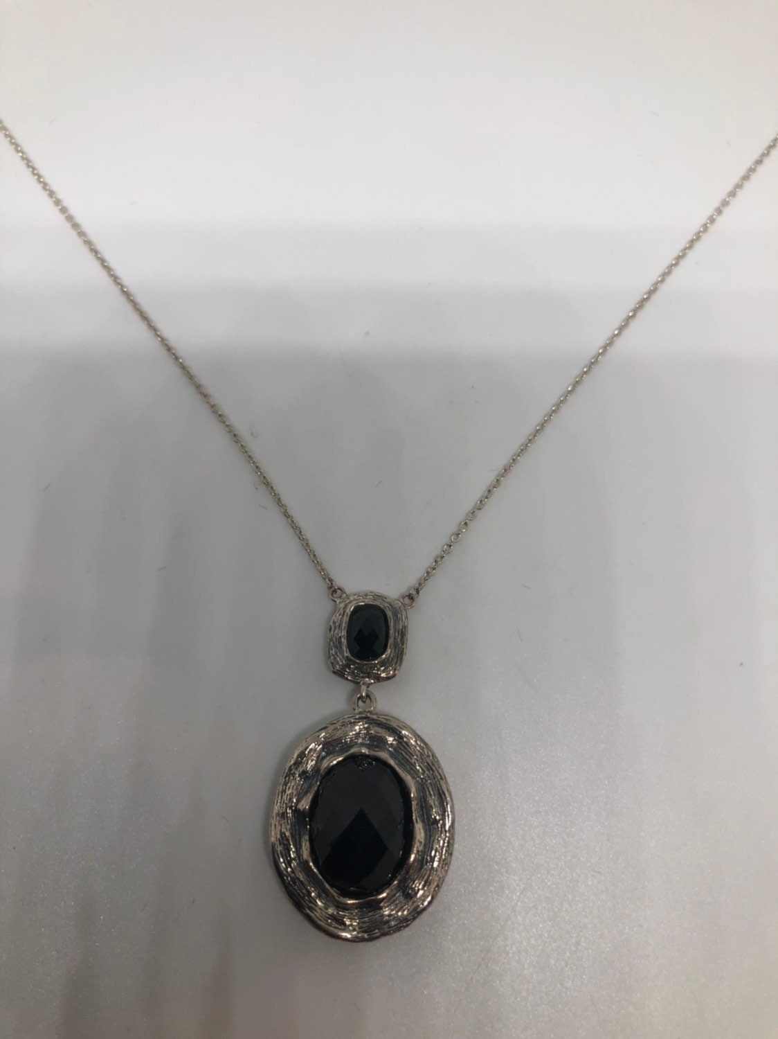 Vintage 925 Sterling Silver Genuine Black Onyx Dangle Pendant Necklace