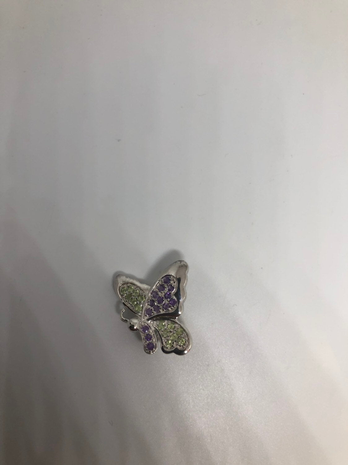 Vintage Handmade Peridot and Amethyst Sterling Silver Butterfly Brooch