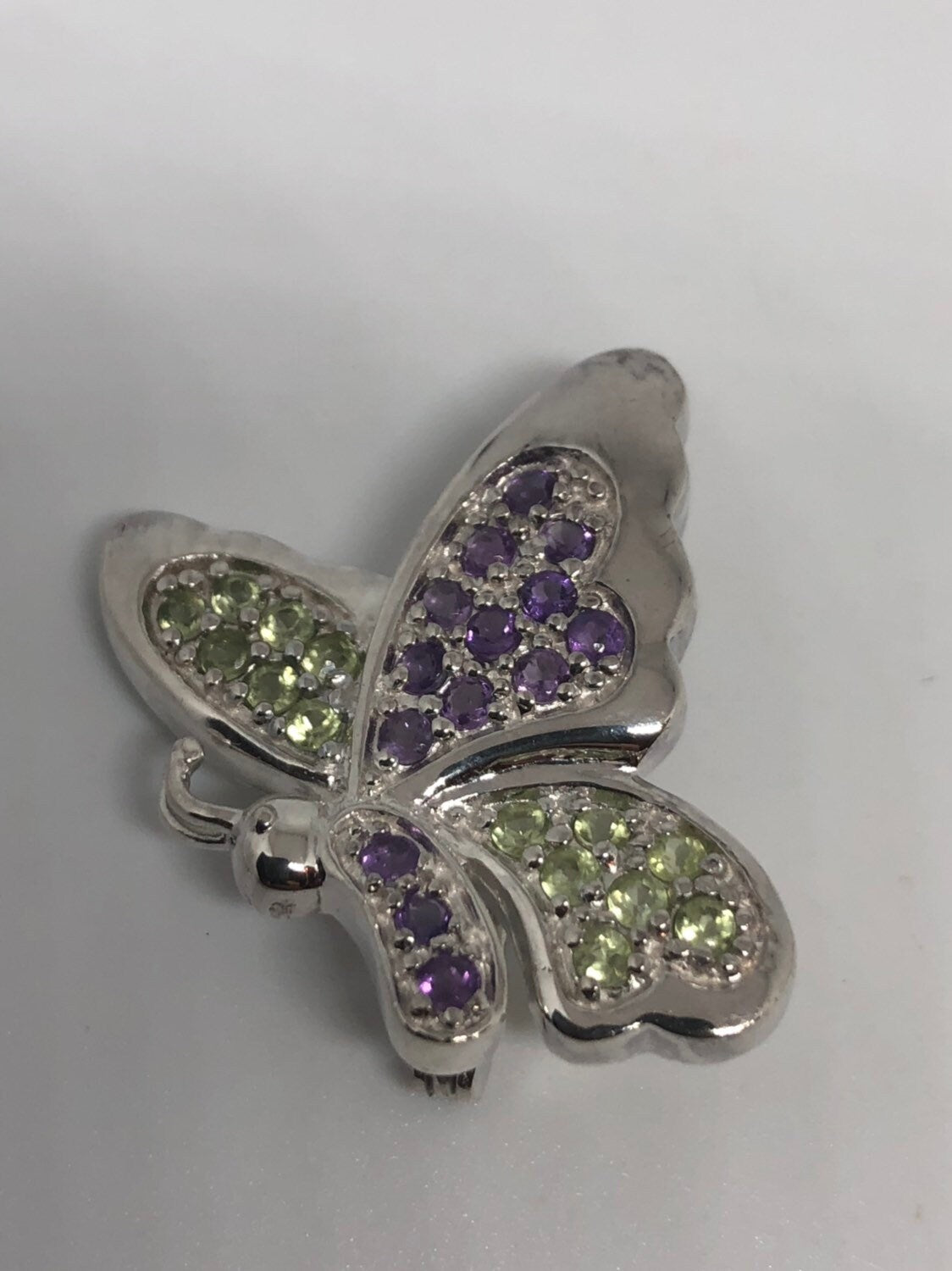 Vintage Handmade Peridot and Amethyst Sterling Silver Butterfly Brooch