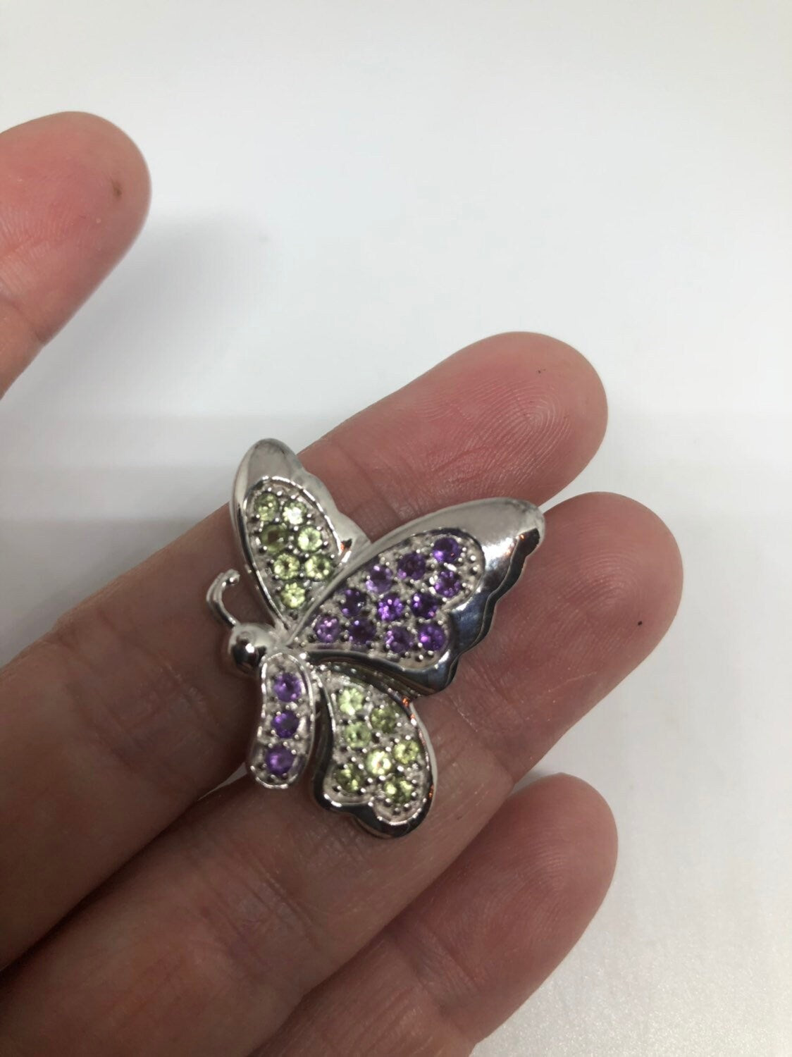 Vintage Handmade Peridot and Amethyst Sterling Silver Butterfly Brooch