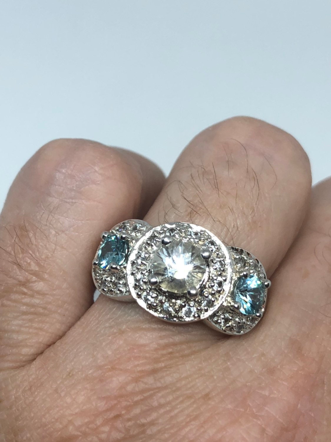 Vintage White Sapphire Blue Topaz 925 Sterling Silver Ring