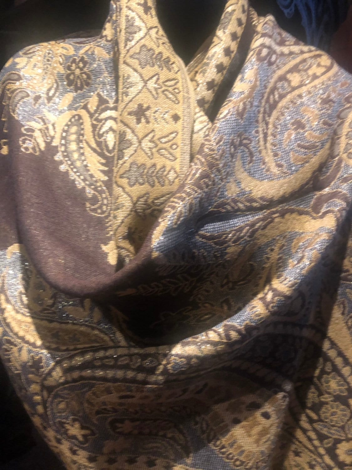 Vintage Metallic Gold Paisley Brocade Pashmina Scarf Wrap