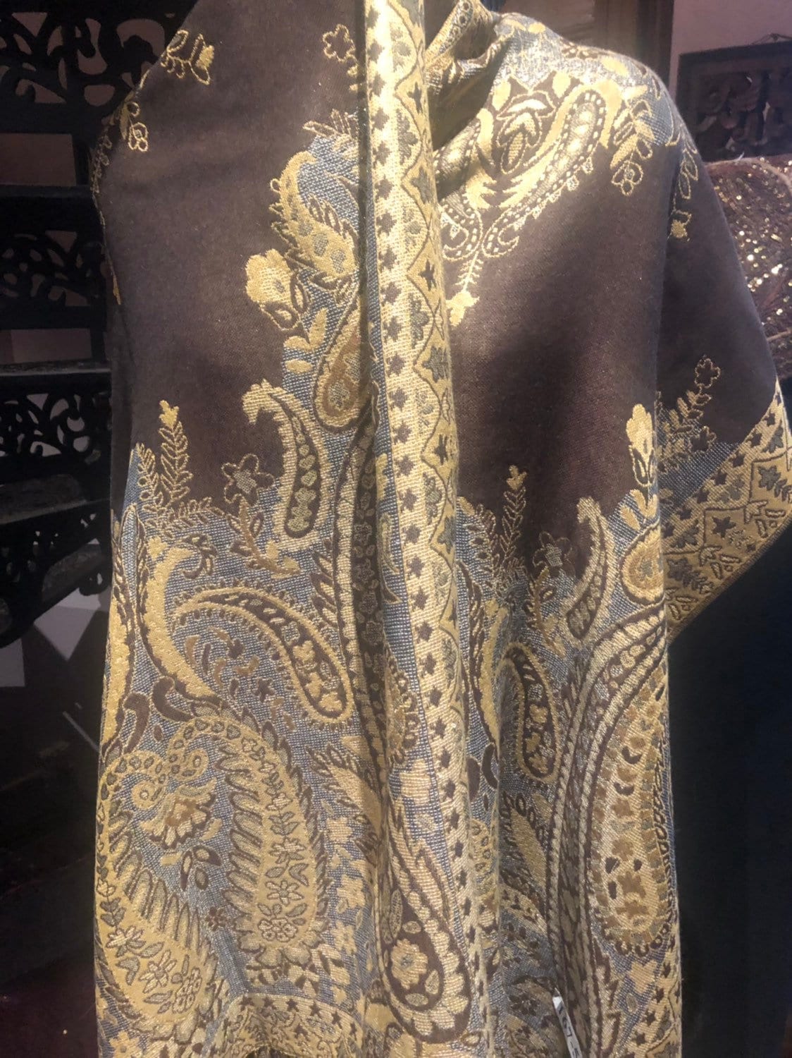 Vintage Metallic Gold Paisley Brocade Pashmina Scarf Wrap