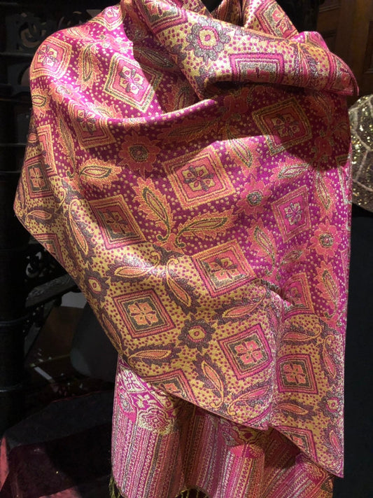 Vintage Magenta Pink Metallic Paisley Brocade Pashmina Scarf Wrap