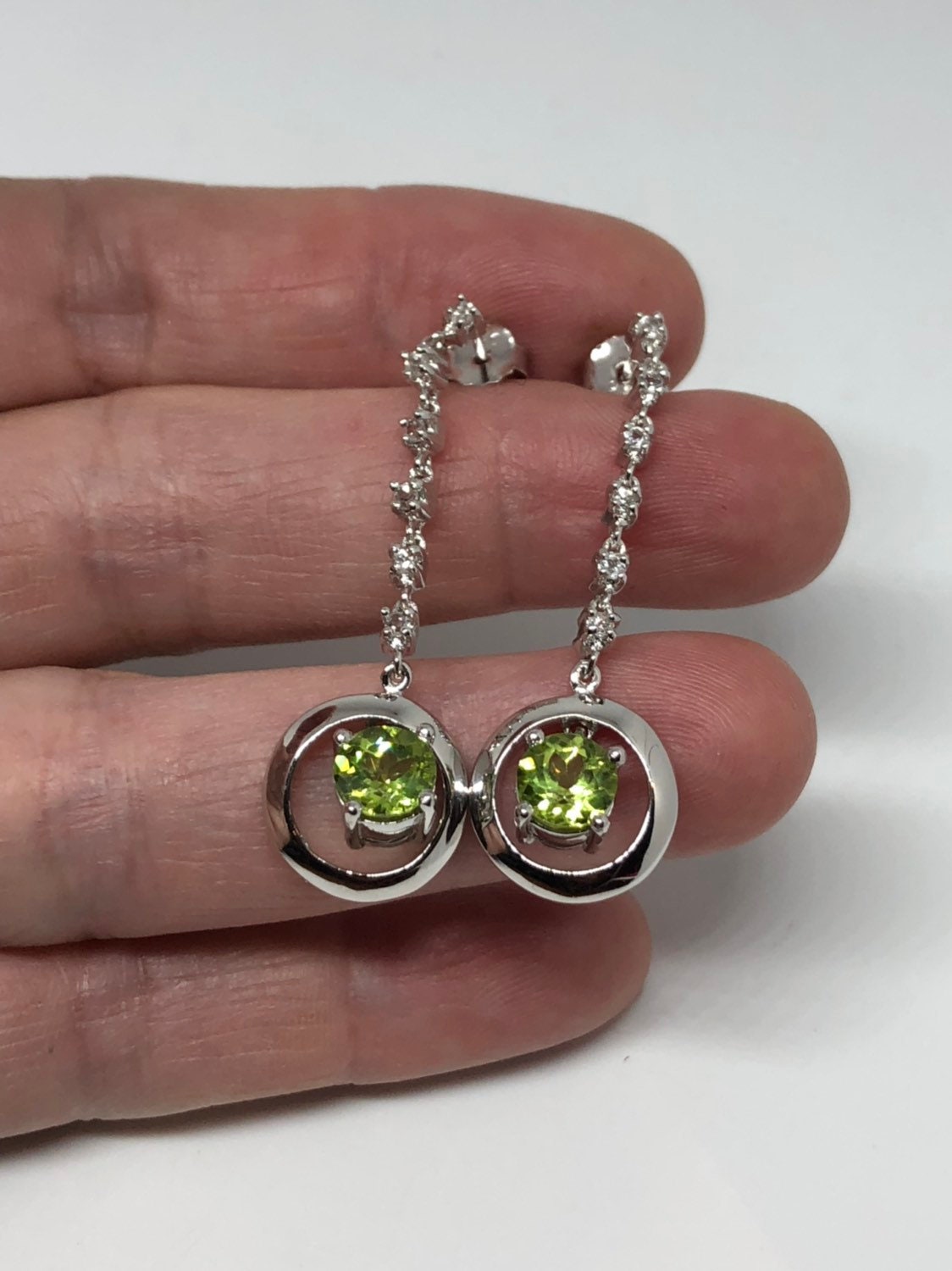 Vintage Handmade Sterling Silver Genuine Green Peridot and White Sapphire Earrings