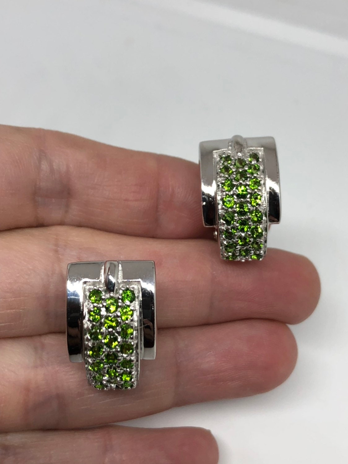 Vintage Handmade Sterling Silver Genuine Green Peridot and White Sapphire Earrings