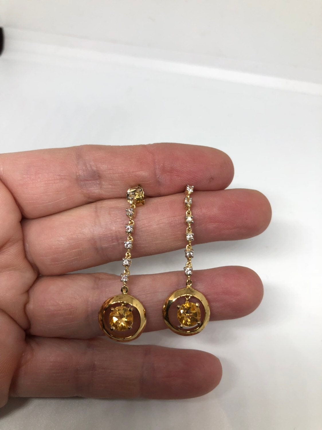Vintage Citrine Earrings Golden 925 Sterling Silver Deco Dangle