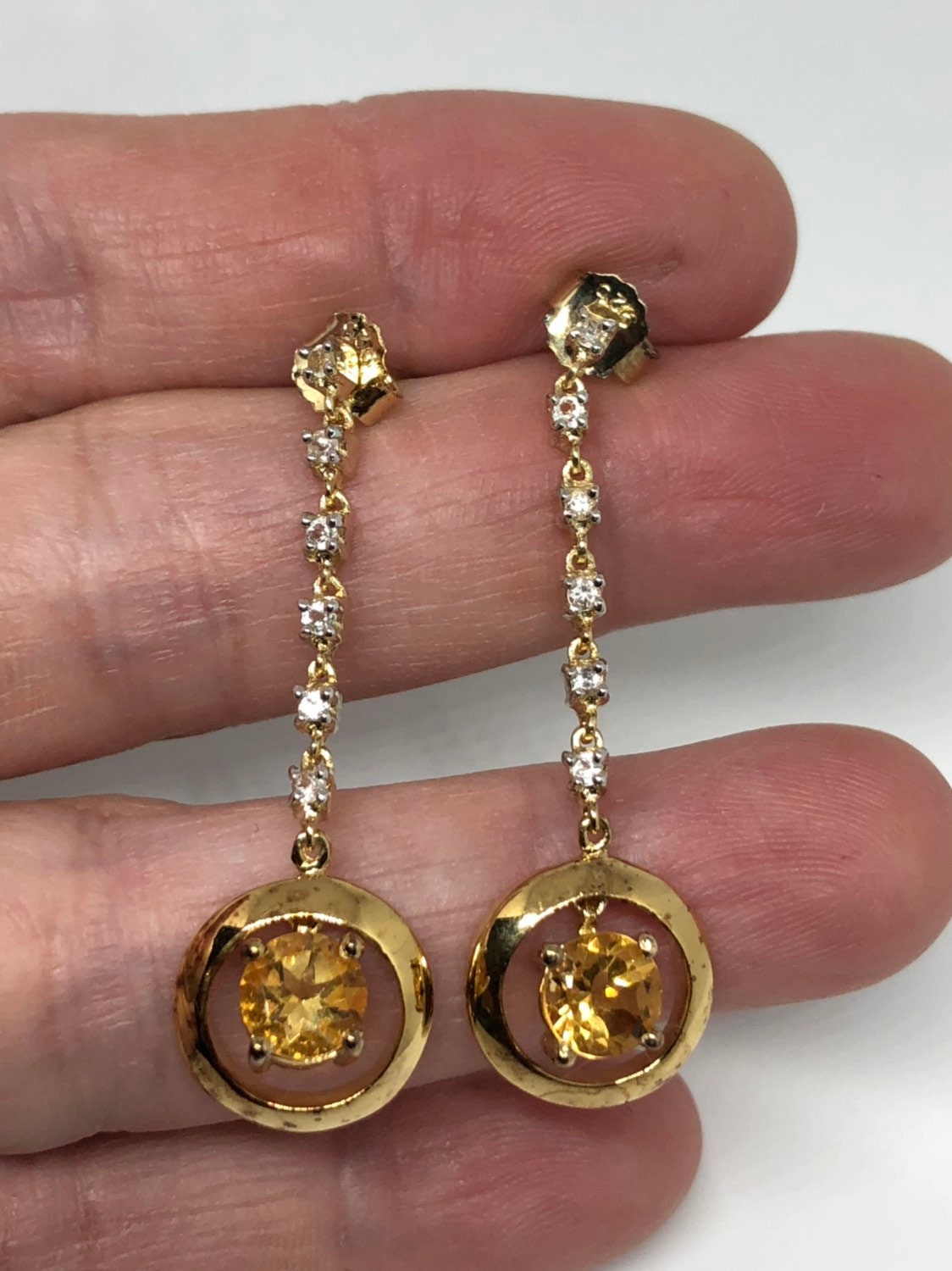 Vintage Citrine Earrings Golden 925 Sterling Silver Deco Dangle