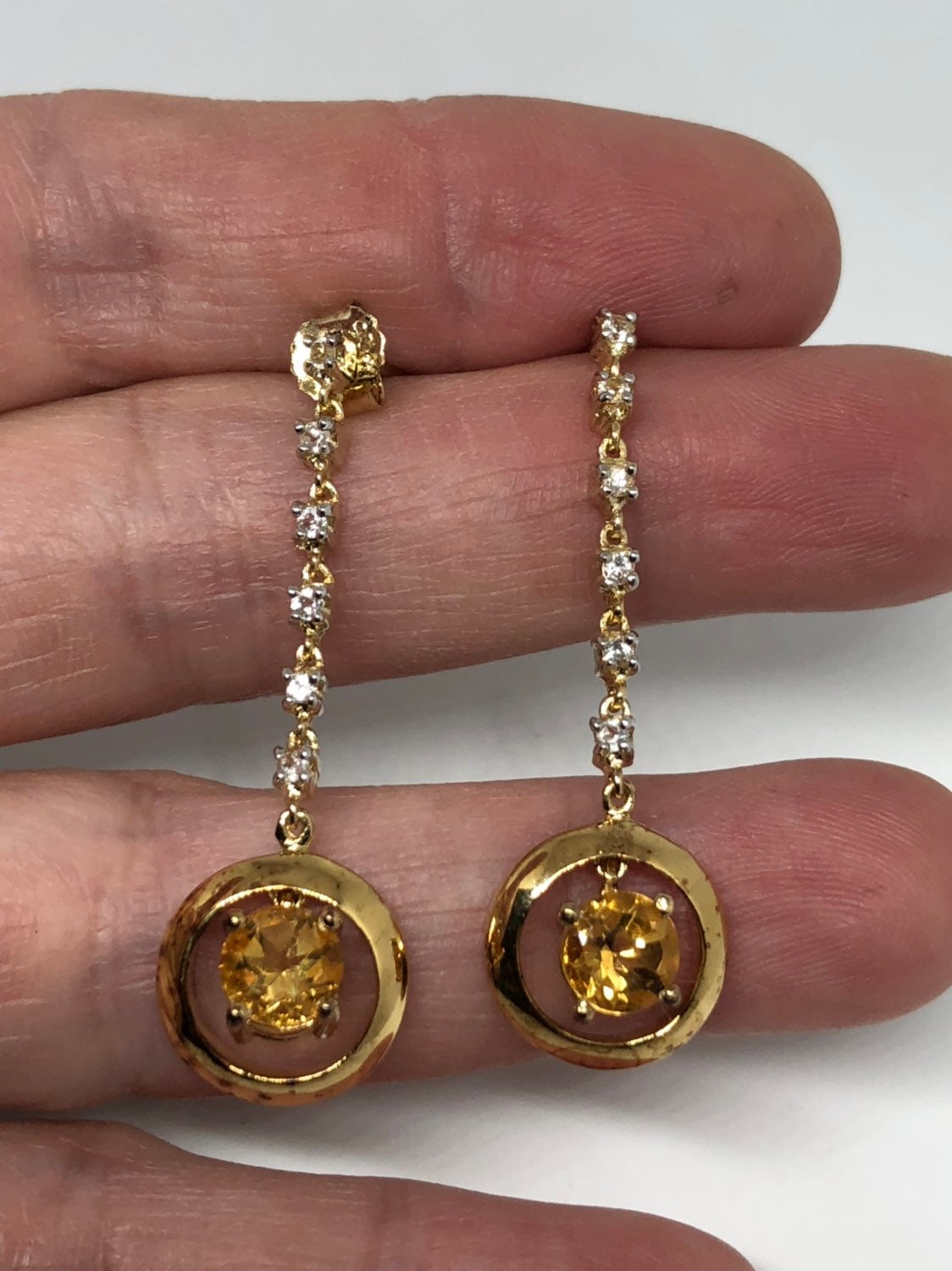 Vintage Citrine Earrings Golden 925 Sterling Silver Deco Dangle