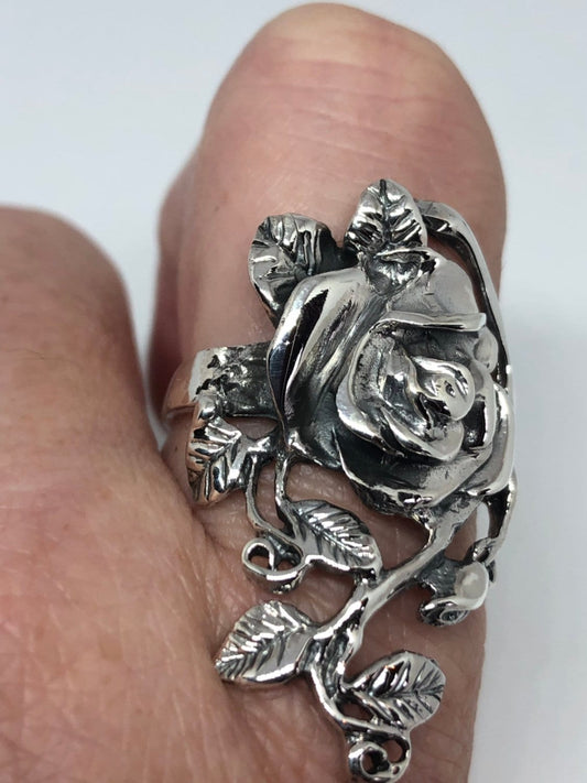 Vintage Rose Flower 925 Sterling Silver Antiqued Ring