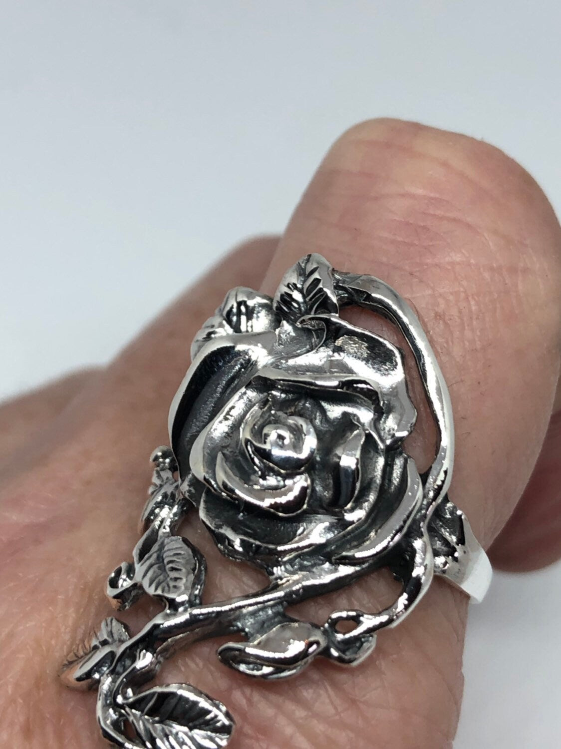 Vintage Rose Flower 925 Sterling Silver Antiqued Ring