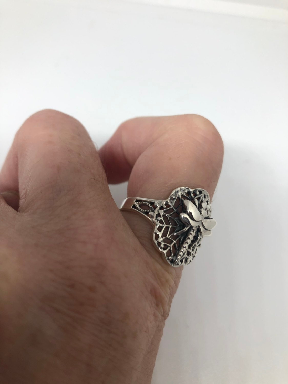 Vintage Dragonfly Ring 925 Sterling Silver Antiqued Filigree