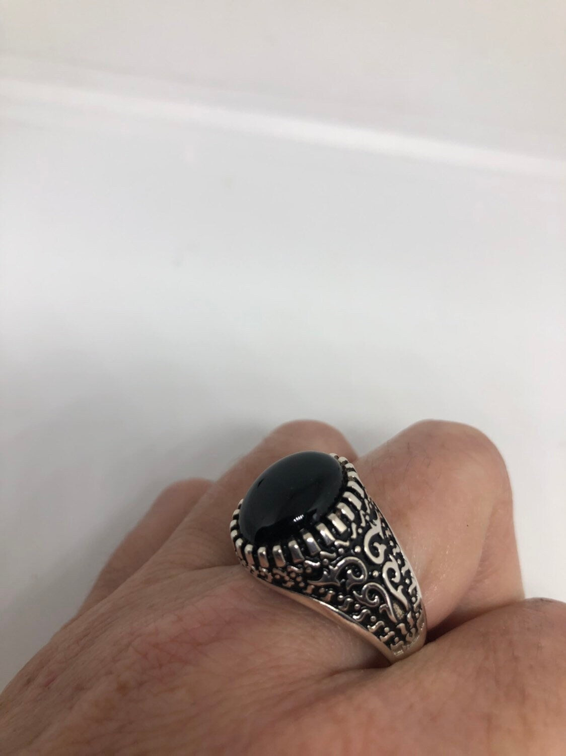 Vintage Onyx Mens Ring 925 Sterling Silver Gothic Genuine Black Onyx