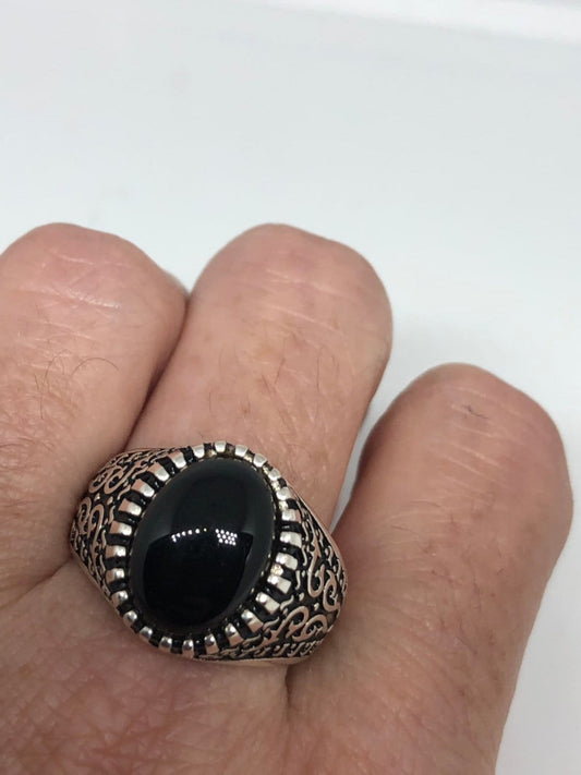 Vintage Onyx Mens Ring 925 Sterling Silver Gothic Genuine Black Onyx