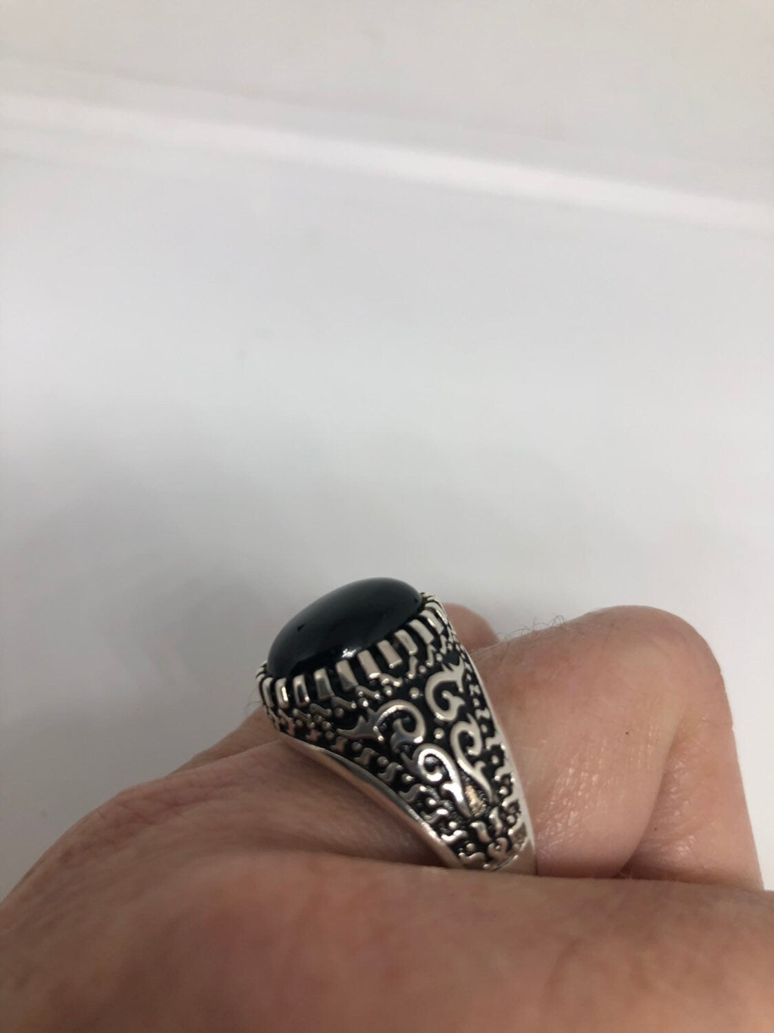 Vintage Onyx Mens Ring 925 Sterling Silver Gothic Genuine Black Onyx