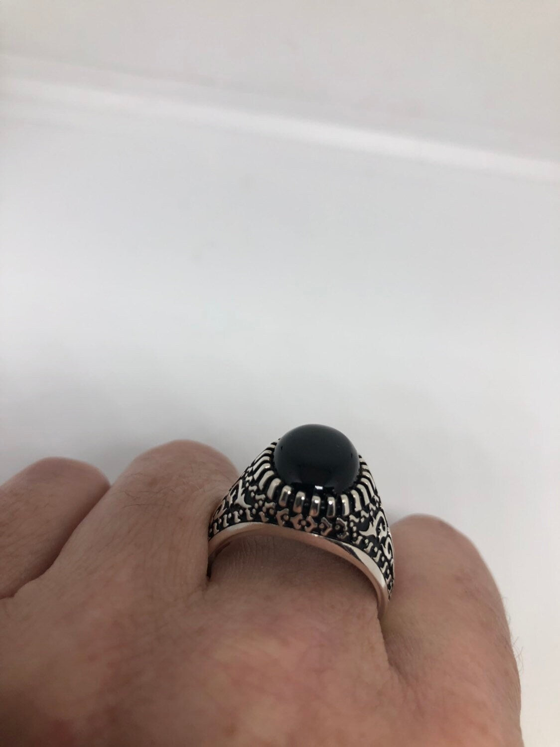 Vintage Onyx Mens Ring 925 Sterling Silver Gothic Genuine Black Onyx