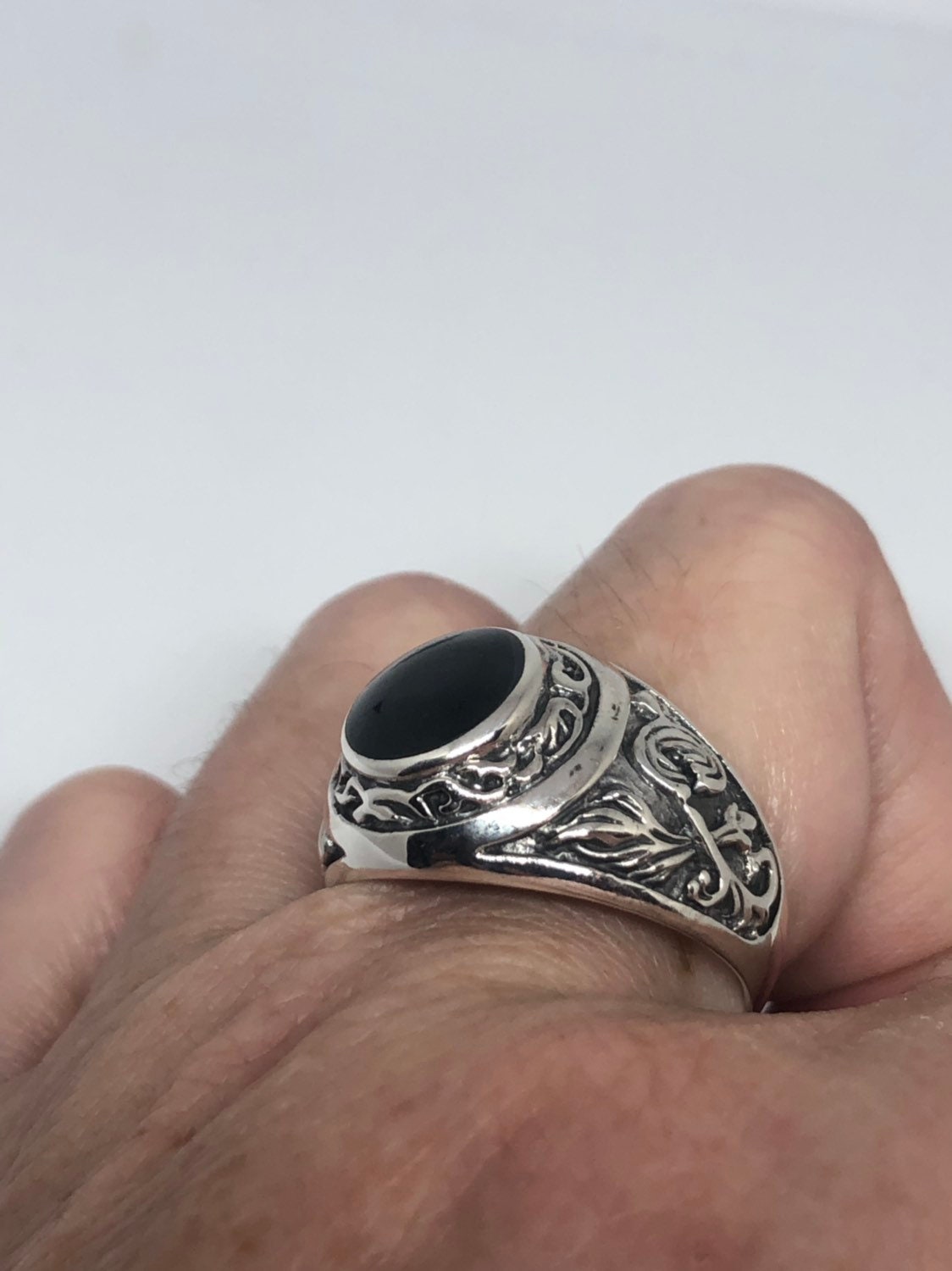 Vintage Gothic Sterling Silver Genuine Black Onyx Mens Ring