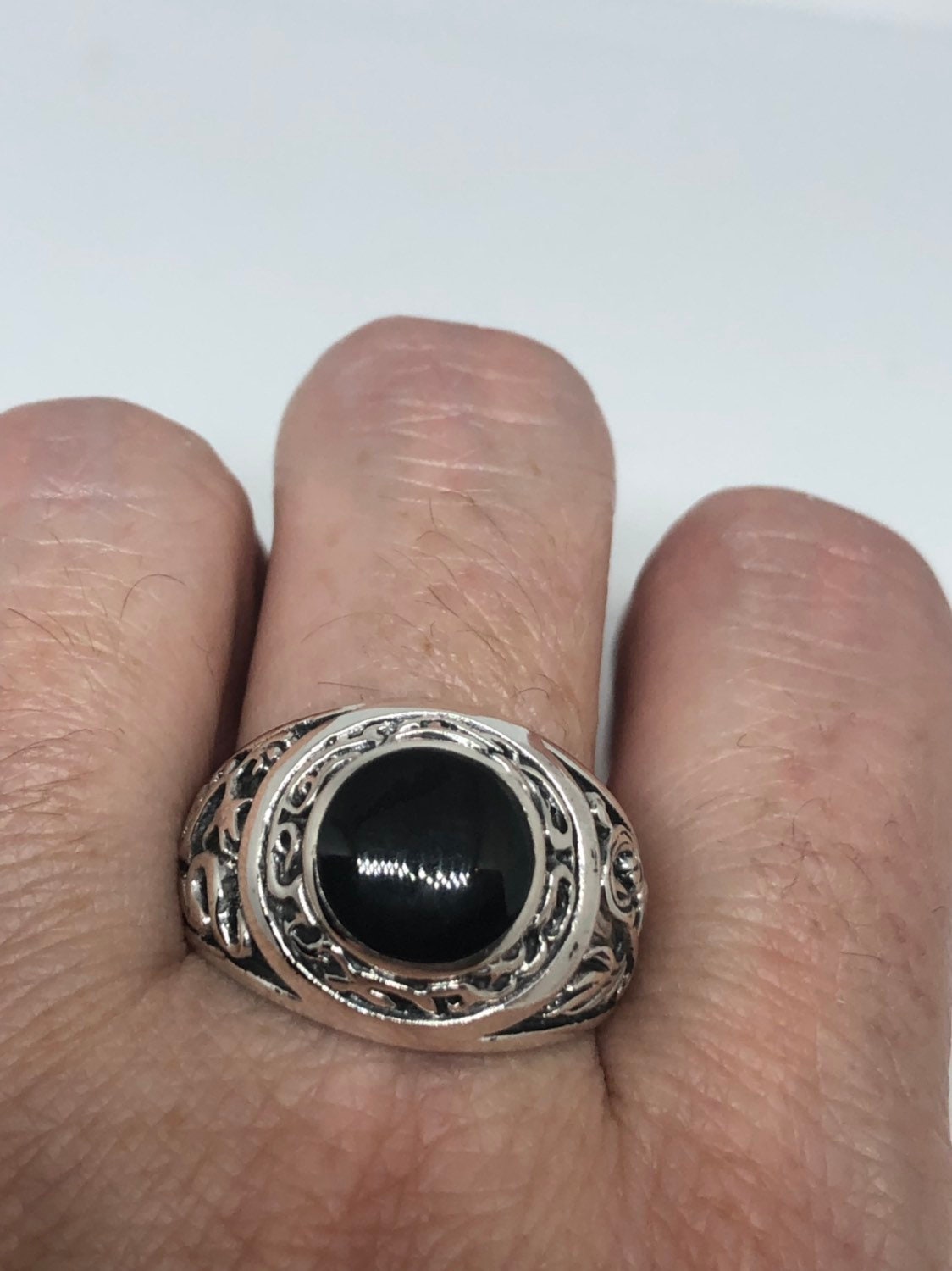 Vintage Gothic Sterling Silver Genuine Black Onyx Mens Ring