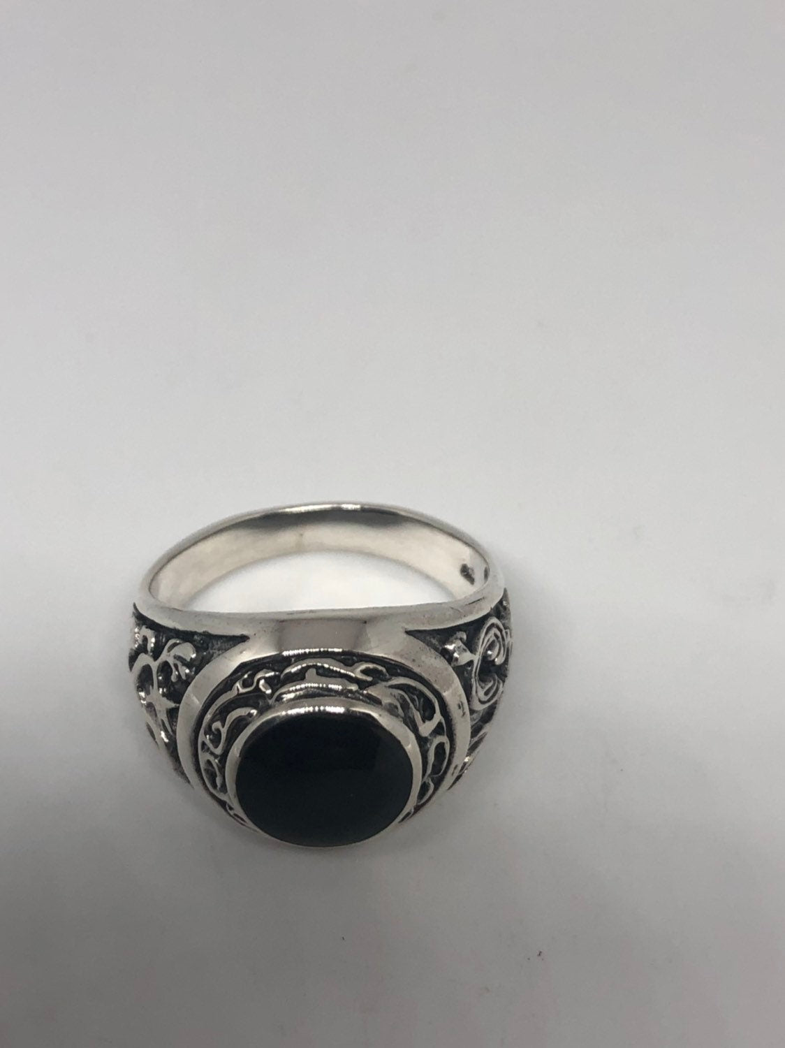 Vintage Gothic Sterling Silver Genuine Black Onyx Mens Ring