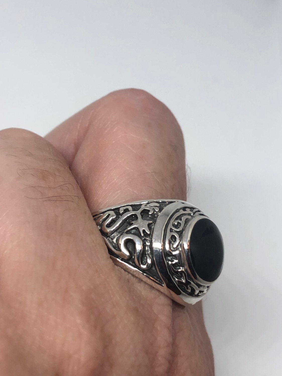 Vintage Gothic Sterling Silver Genuine Black Onyx Mens Ring