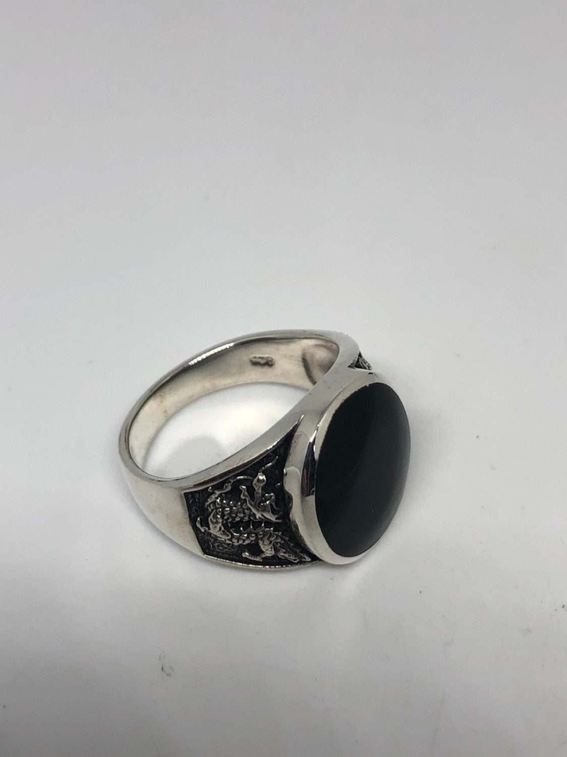 Vintage Gothic Sterling Silver Genuine Black Onyx Dragon Mens Ring