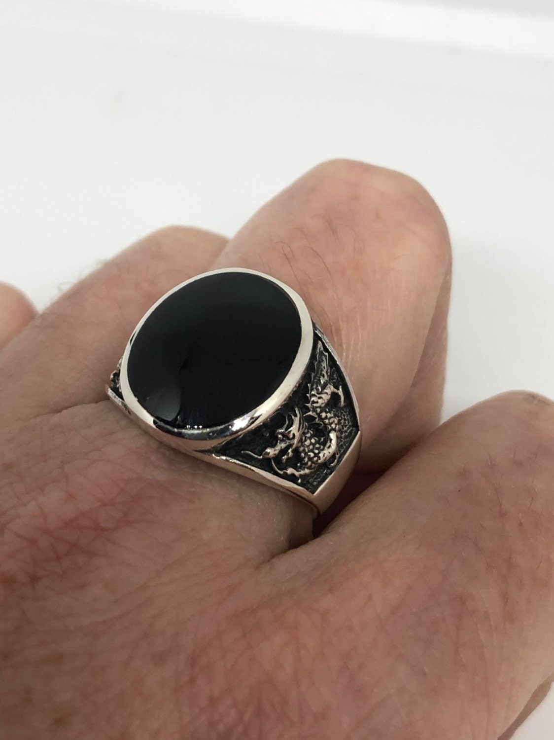 Vintage Gothic Sterling Silver Genuine Black Onyx Dragon Mens Ring