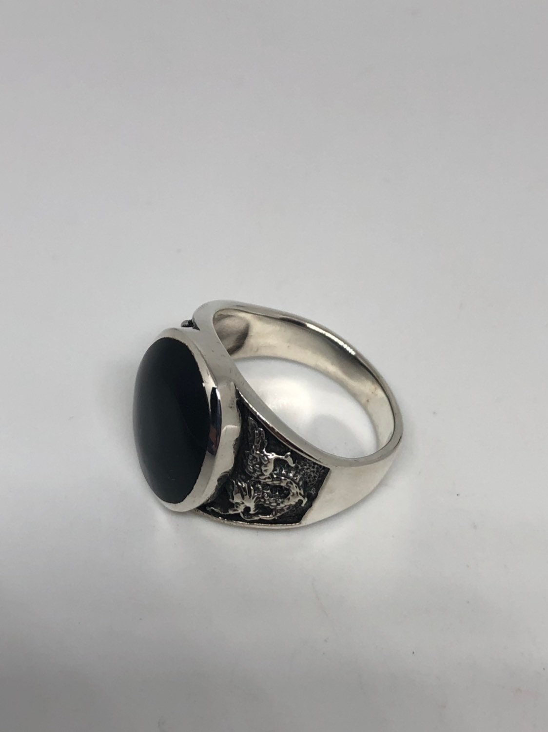 Vintage Gothic Sterling Silver Genuine Black Onyx Dragon Mens Ring