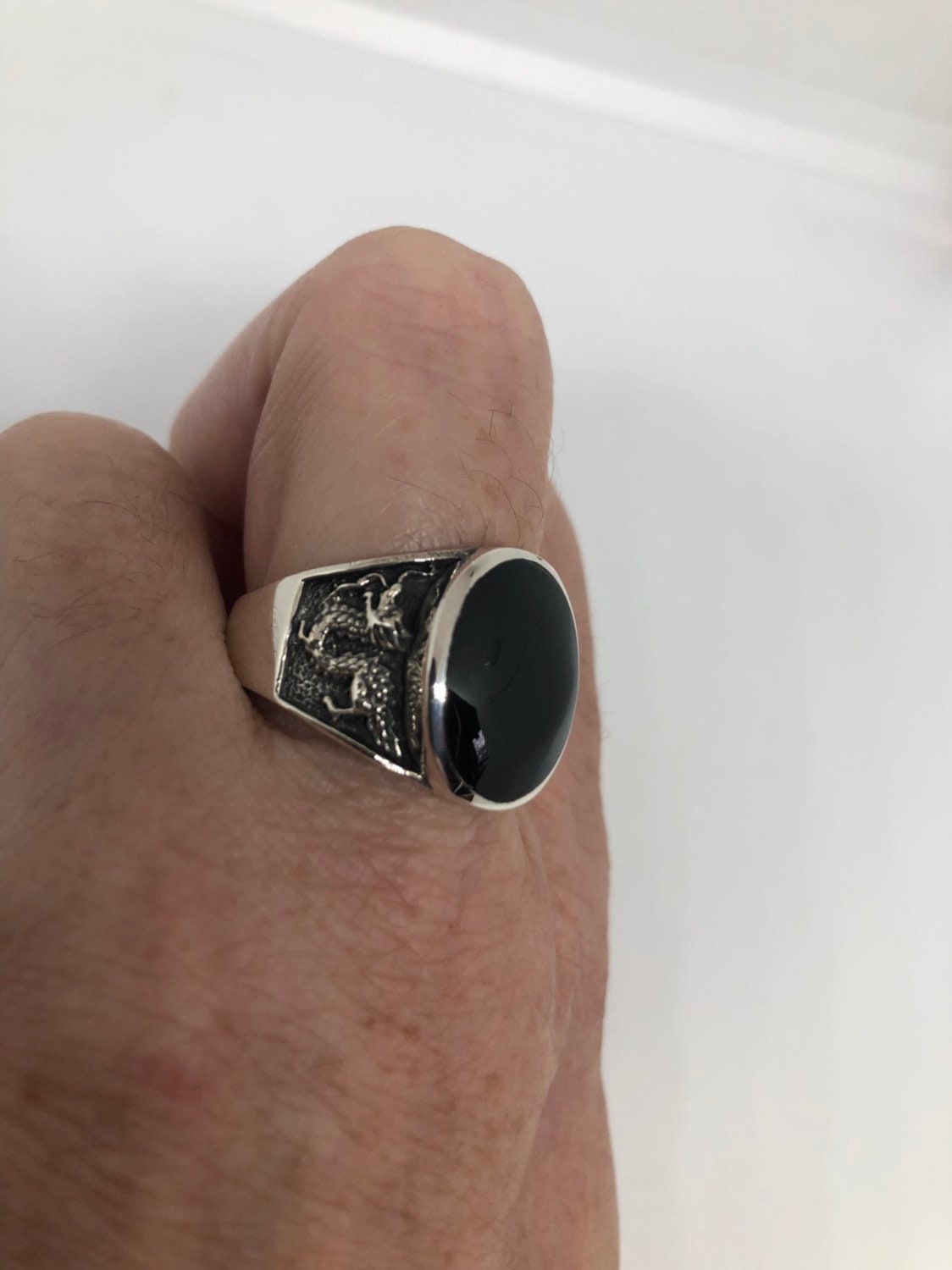 Vintage Gothic Sterling Silver Genuine Black Onyx Dragon Mens Ring