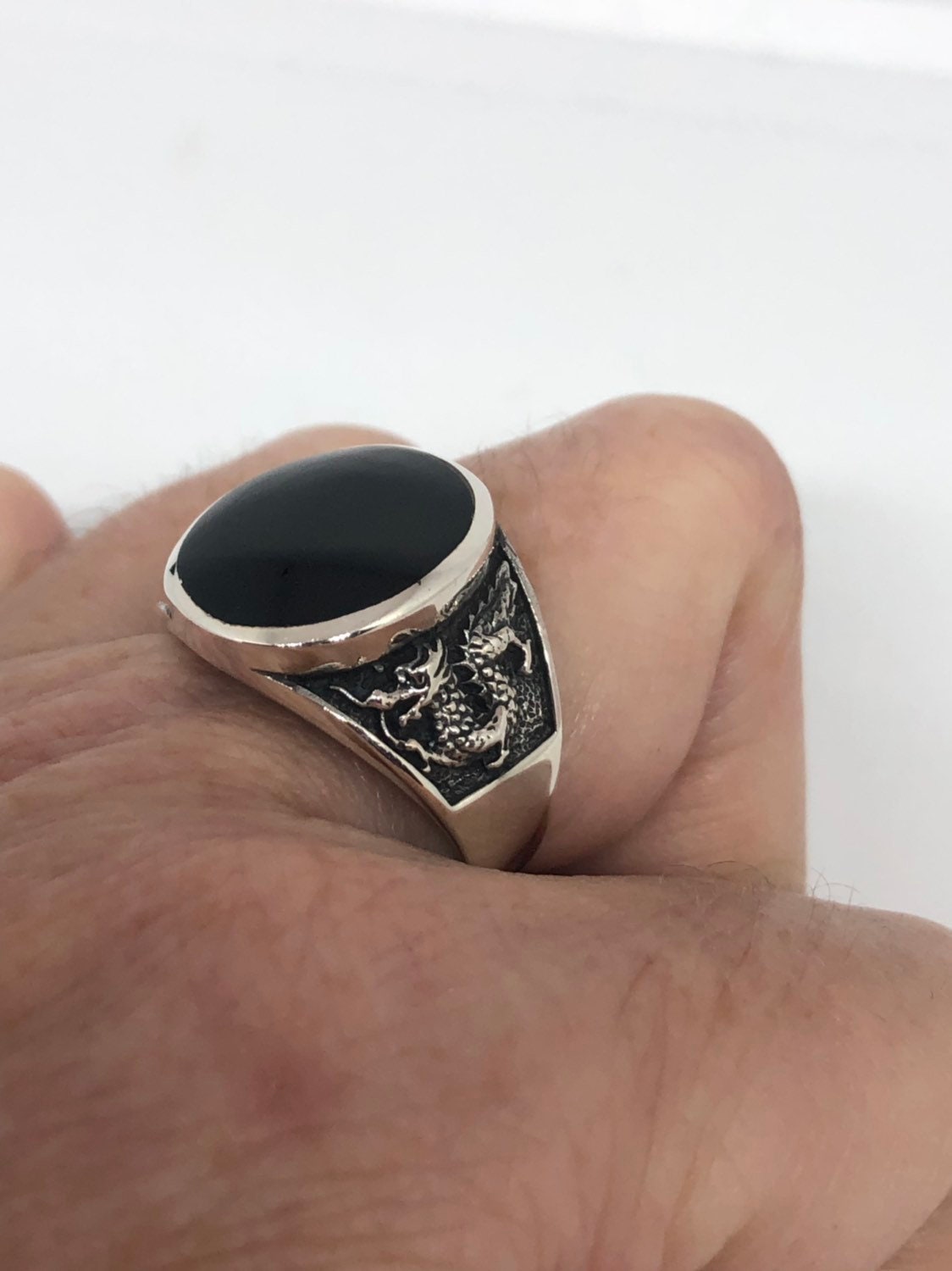 Vintage Gothic Sterling Silver Genuine Black Onyx Dragon Mens Ring