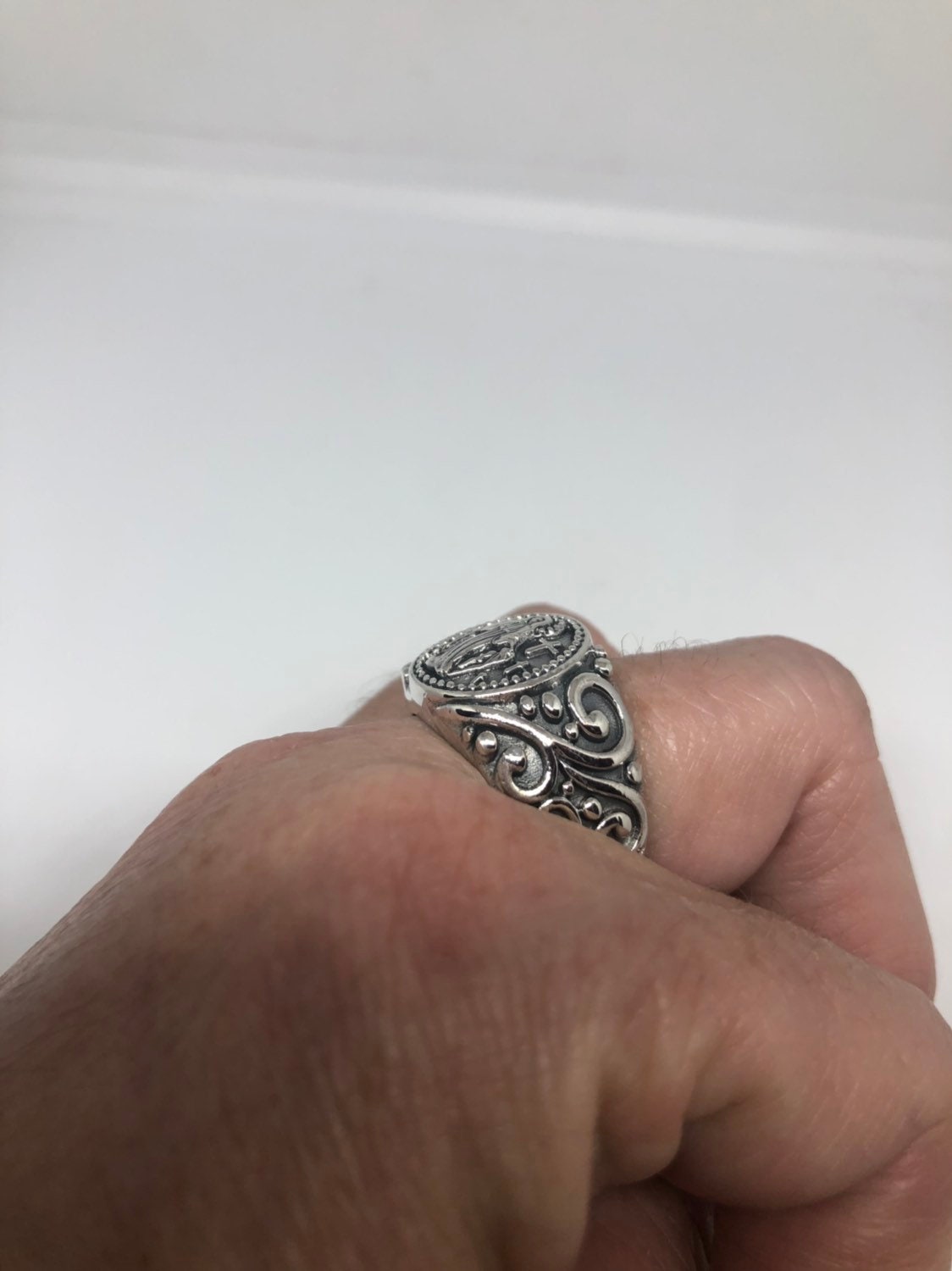 Vintage 925 Saint Mary Amulet Sterling Silver Antiqued Ring