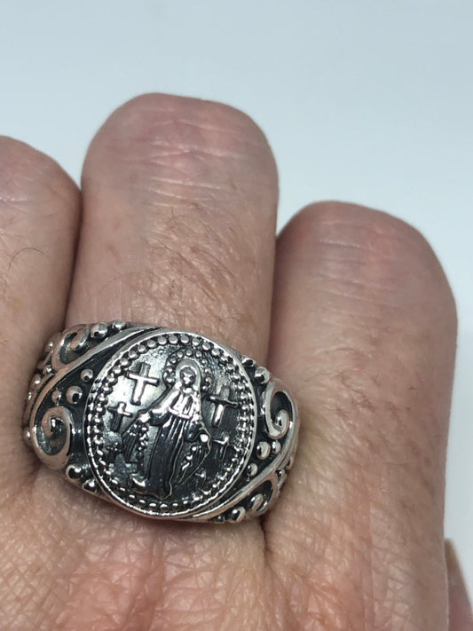 Vintage 925 Saint Mary Amulet Sterling Silver Antiqued Ring