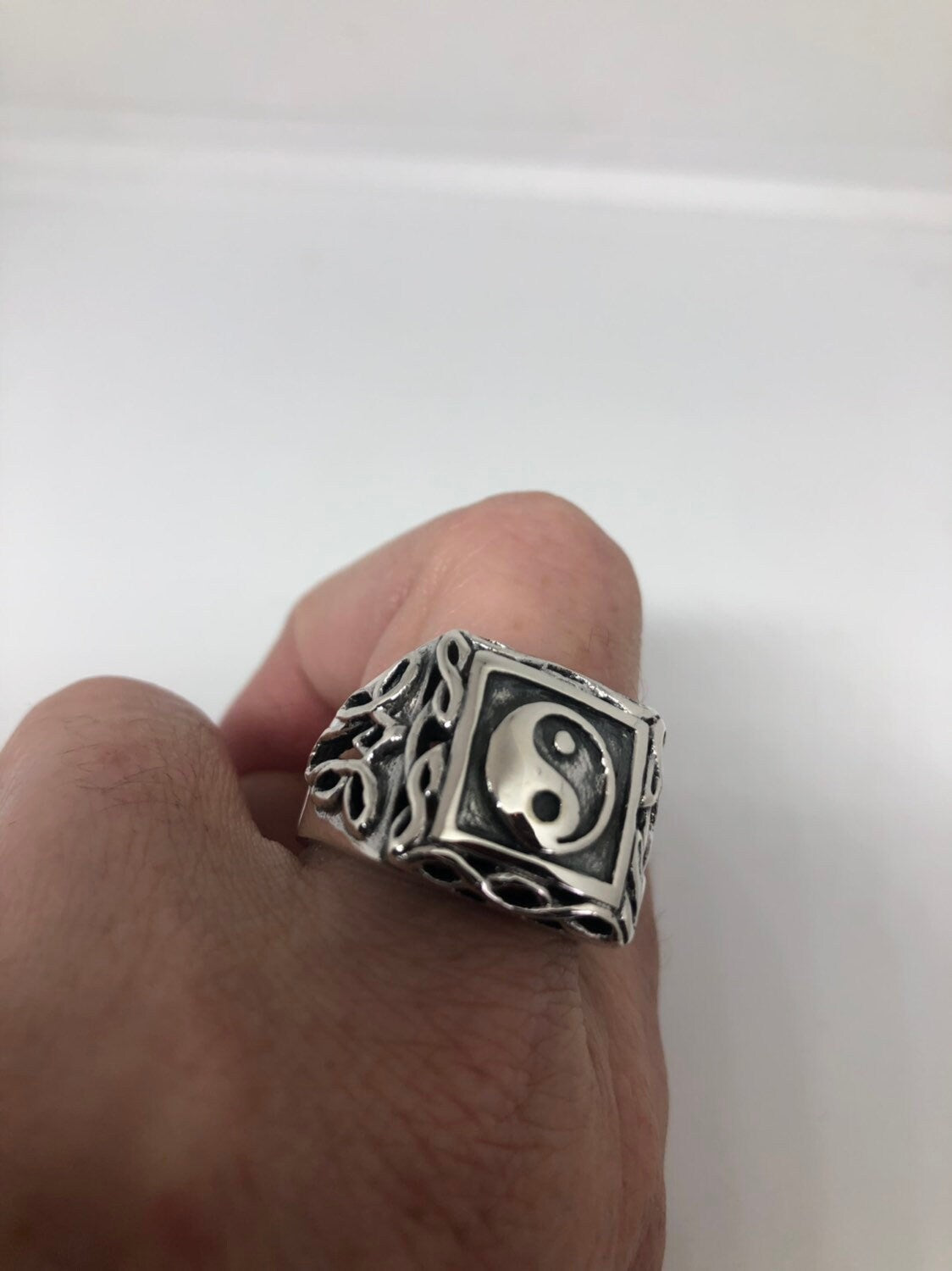 Vintage Gothic Yin Yang 925 Sterling Silver Mens Ring