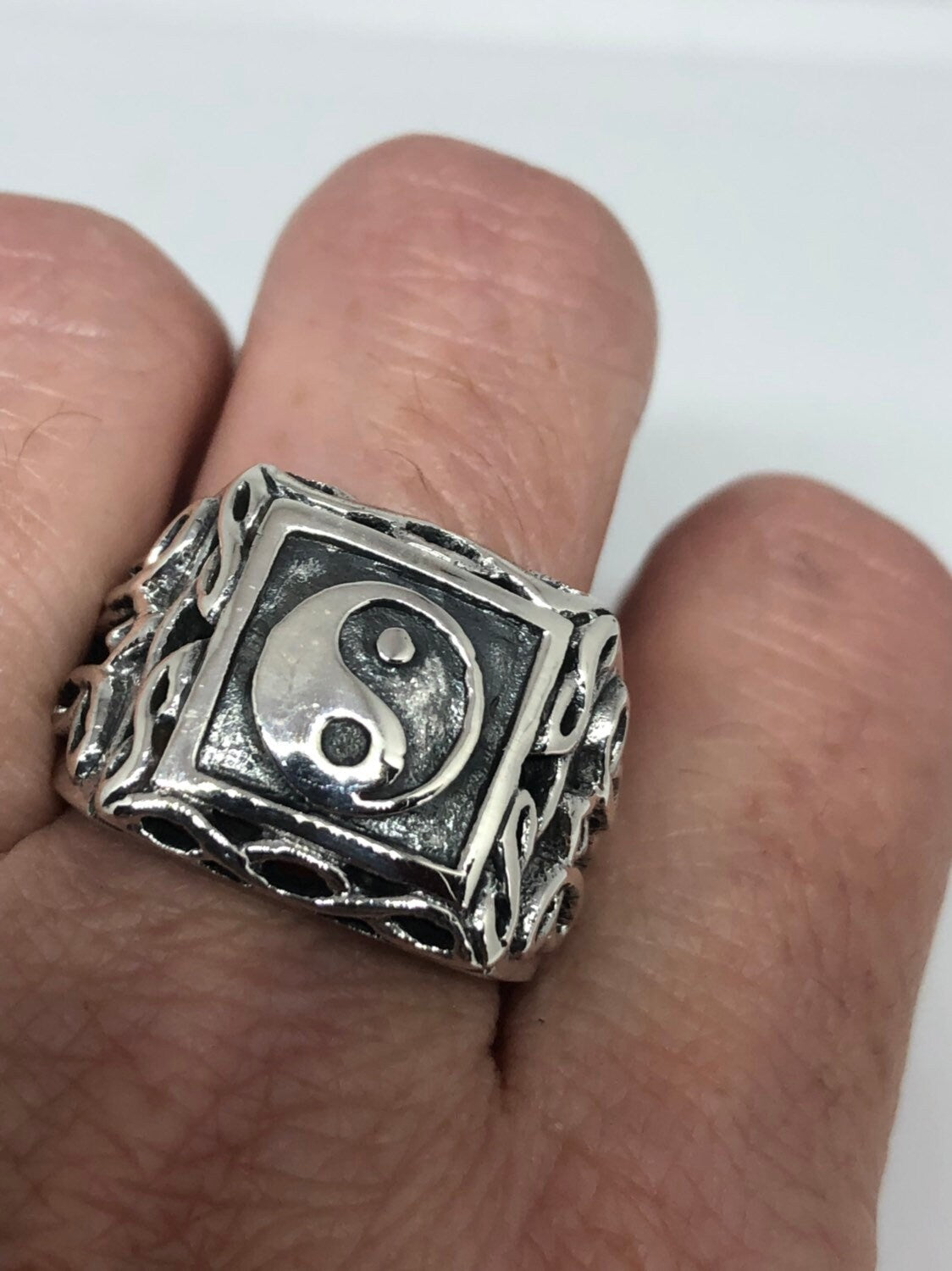 Vintage Gothic Yin Yang 925 Sterling Silver Mens Ring