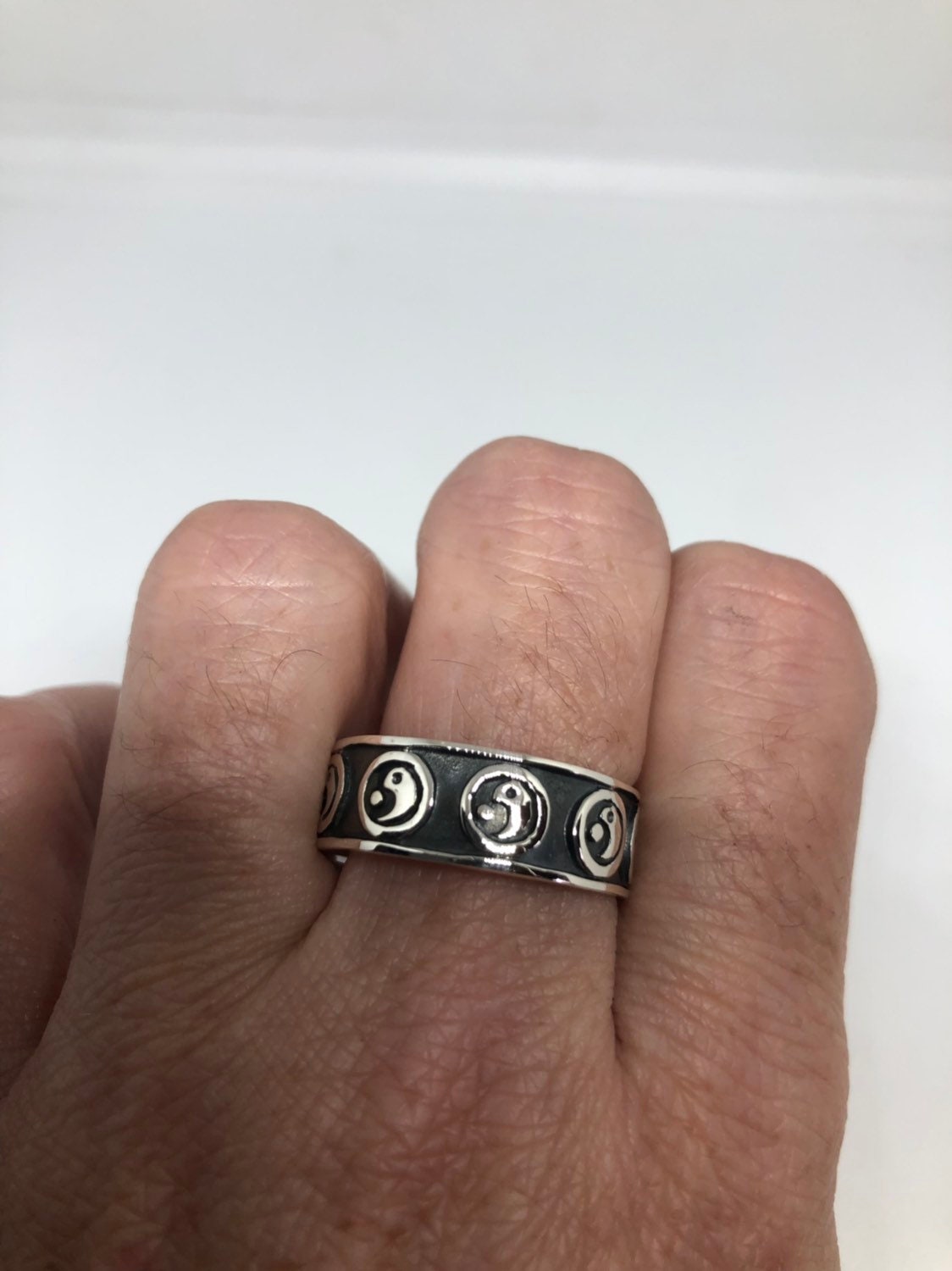 Vintage Gothic Yin Yang Sterling Silver Mens Ring