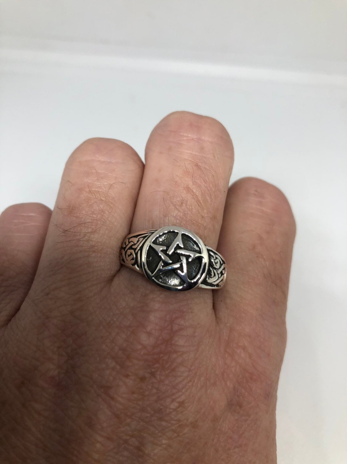 Vintage Ancient Wiccan Pentacle Star 925 Sterling Silver Ring