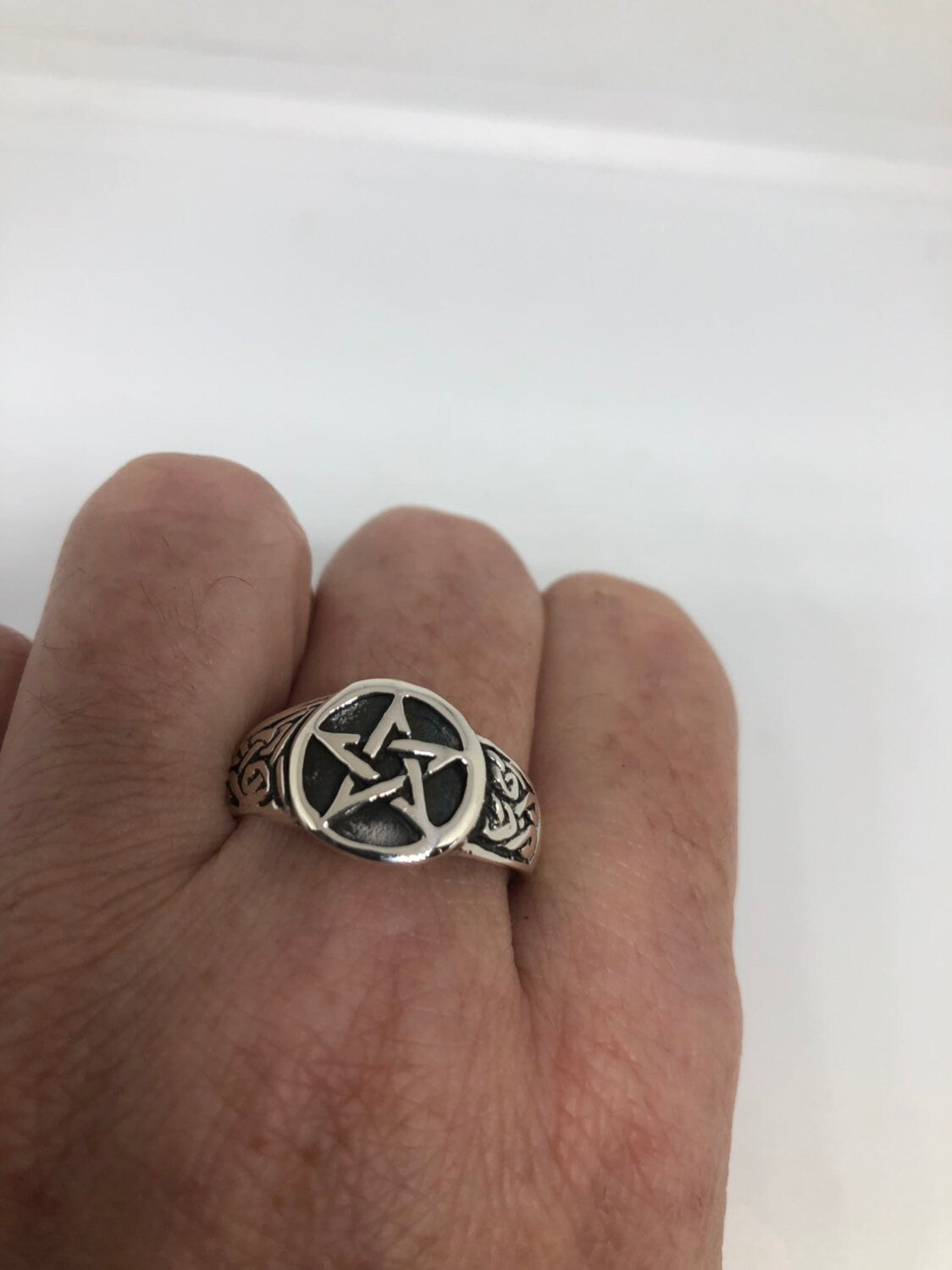 Vintage Ancient Wiccan Pentacle Star 925 Sterling Silver Ring
