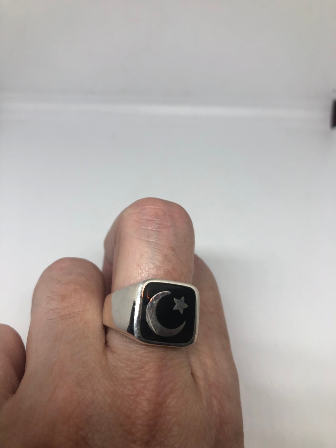 Muslim Crescent Moon and Star 925 Sterling Silver Ring Vintage