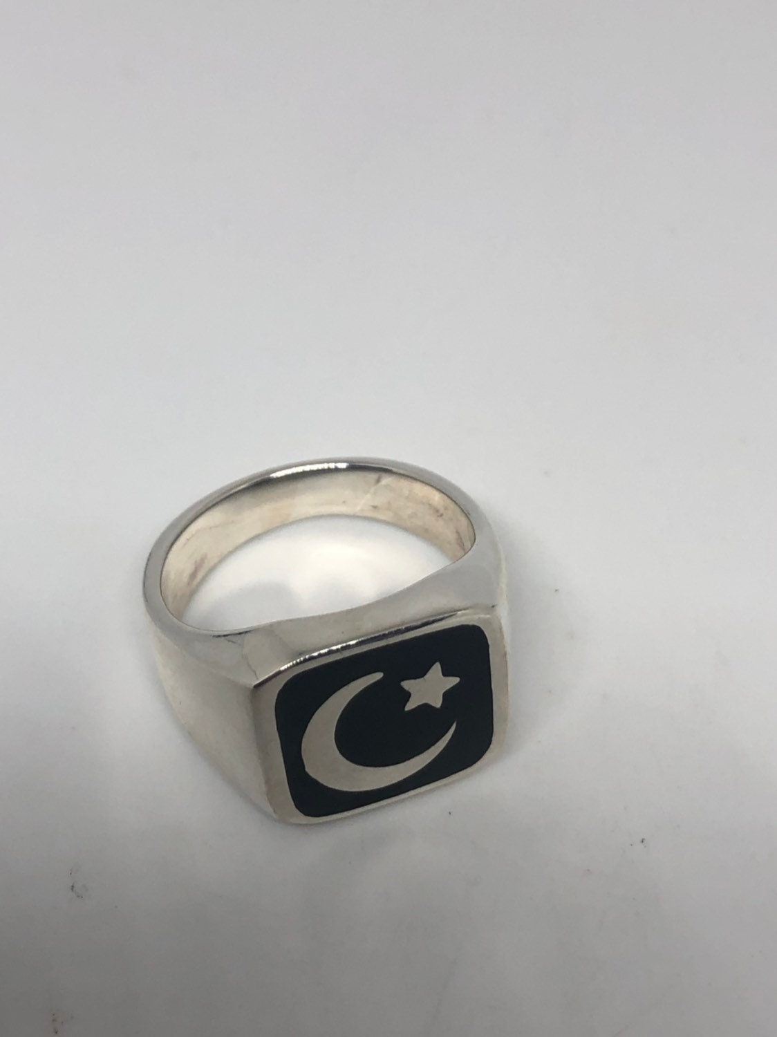 Muslim Crescent Moon and Star 925 Sterling Silver Ring Vintage