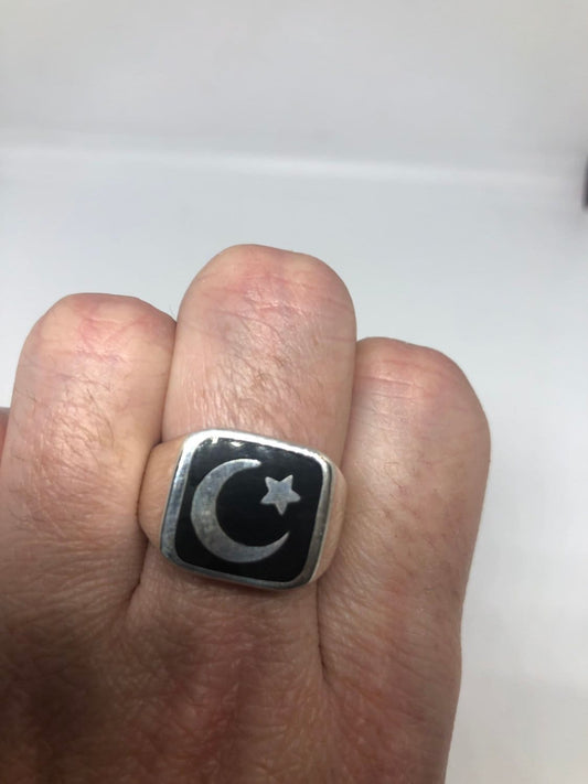 Muslim Crescent Moon and Star 925 Sterling Silver Ring Vintage