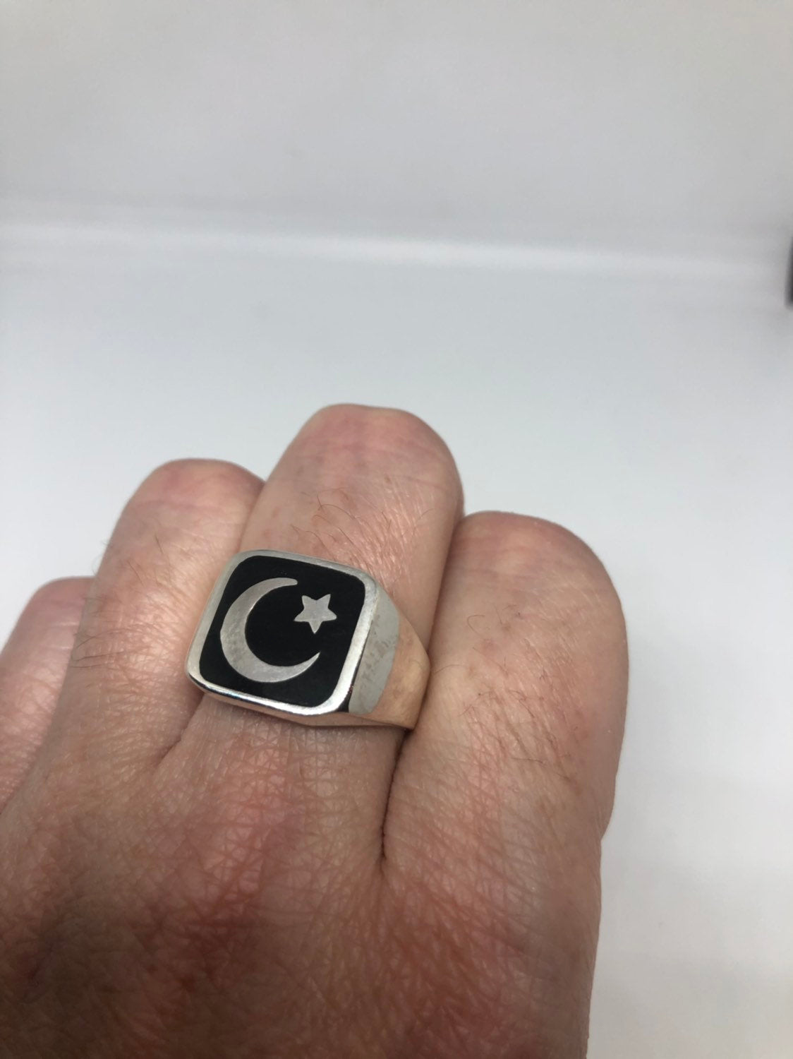 Muslim Crescent Moon and Star 925 Sterling Silver Ring Vintage