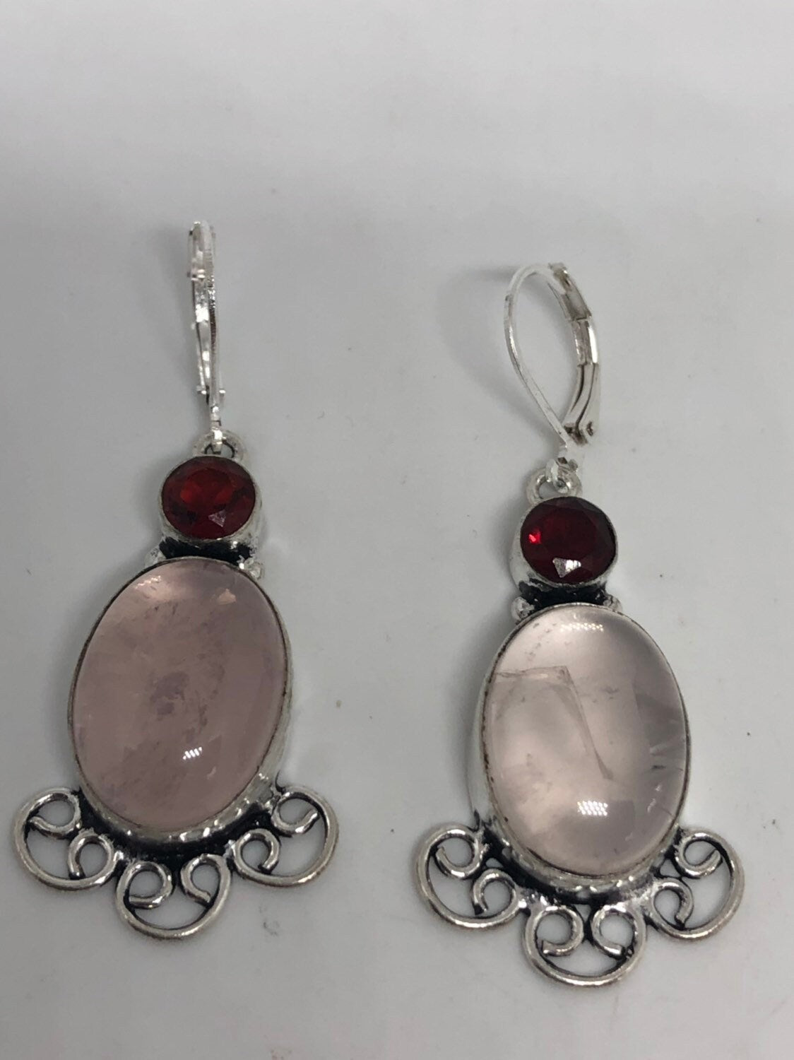 Vintage Genuine Rose Quartz Gemstone Filigree Sterling Silver Lever Back Dangle Earrings