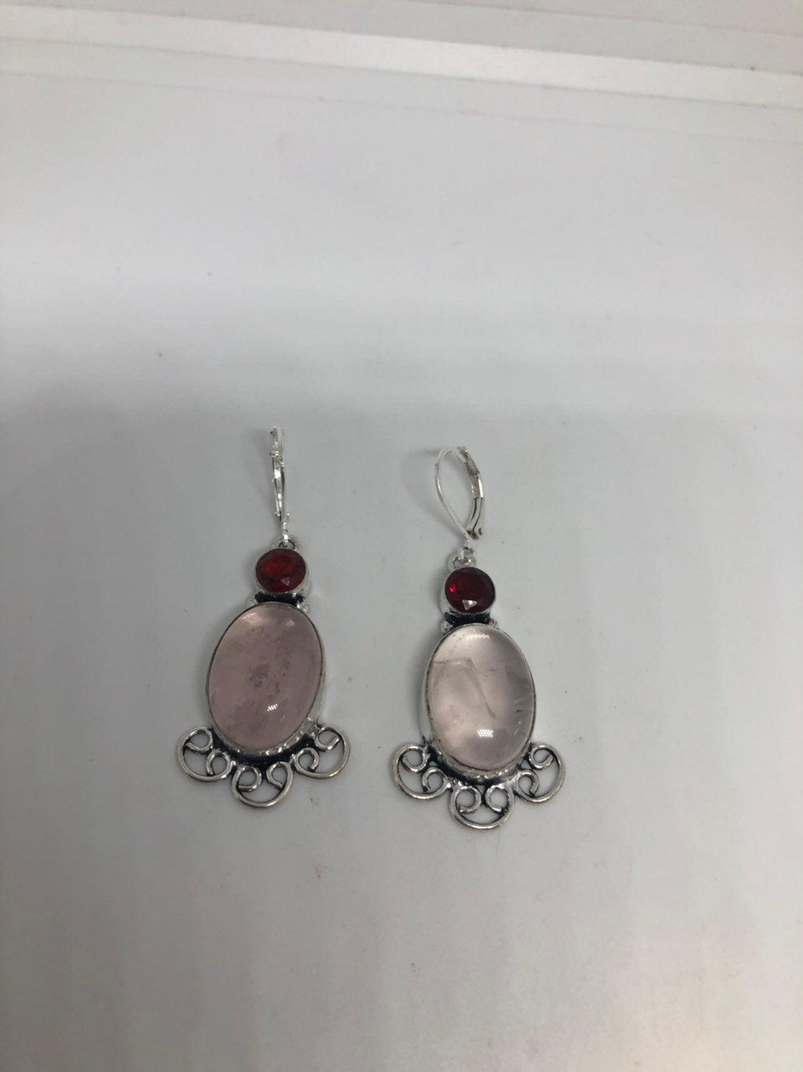 Vintage Genuine Rose Quartz Gemstone Filigree Sterling Silver Lever Back Dangle Earrings