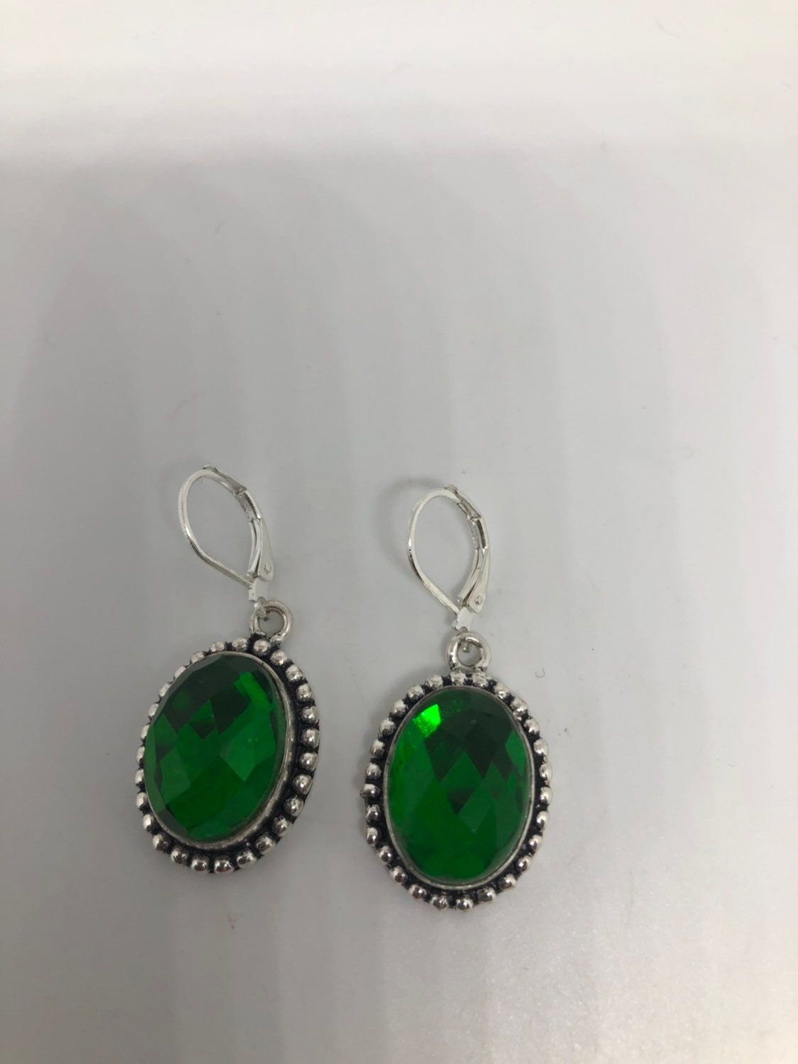 Antique Vintage Green Glass Silver Dangle Earrings