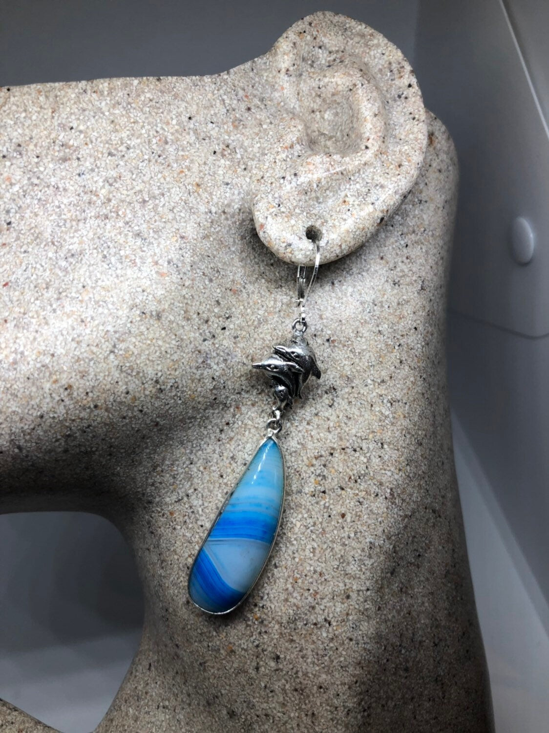 Vintage Genuine Blue agate Chalcedony Gemstone Filigree Sterling Silver Lever Back Chandelier Earrings
