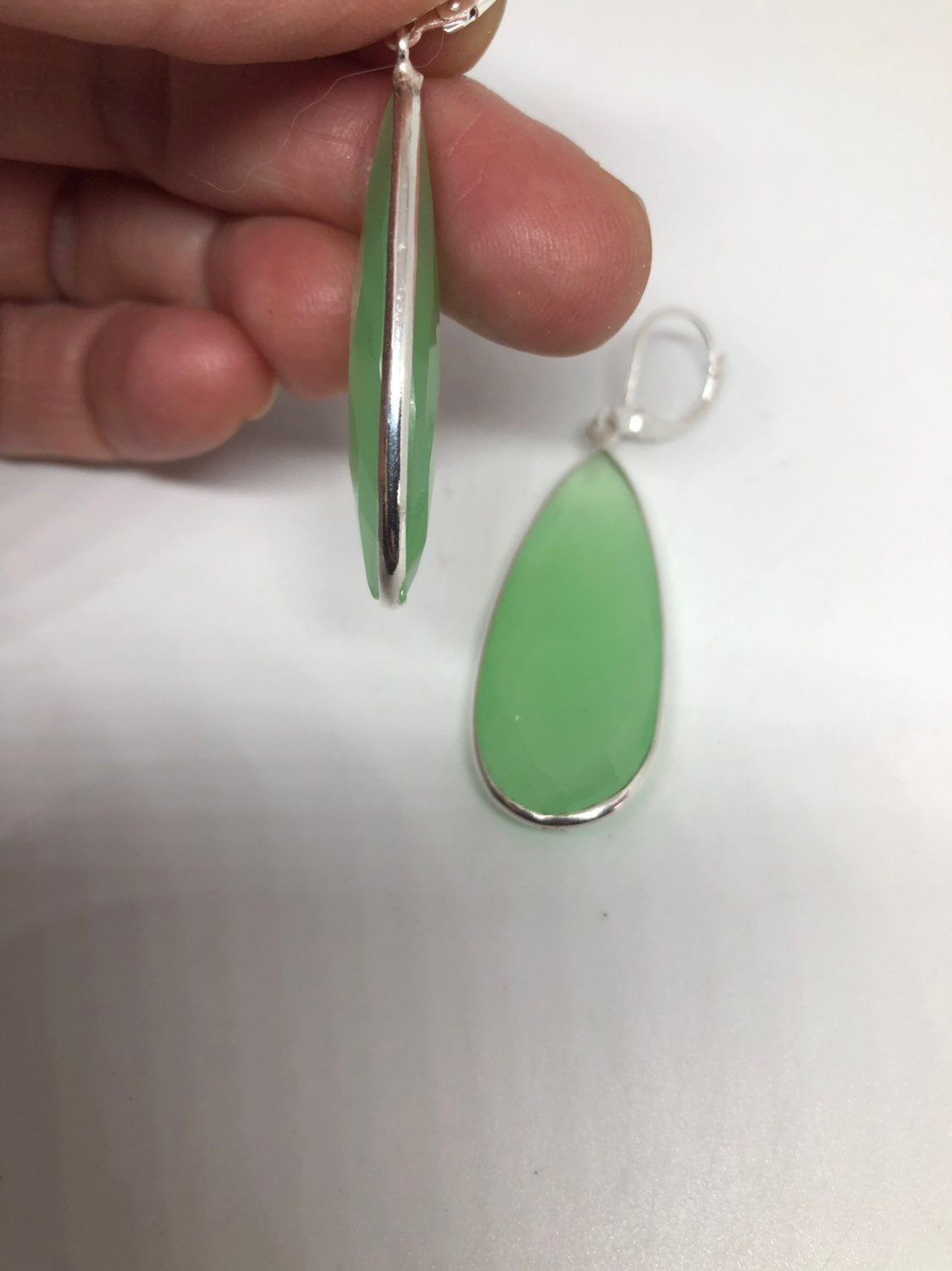 Vintage Genuine Green Chalcedony Gemstone Sterling Silver Lever Back Chandelier Earrings